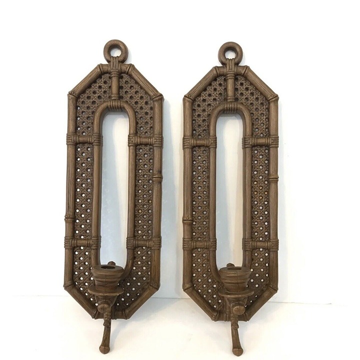 2pc Mid Century Burwood Wicker Rattan Wall Decor Plaques Sconces Candleholder