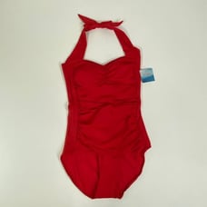 Ruby Ribbon Red Halter One Piece Swimsuit Ruched Tummy Control Padded Size 8