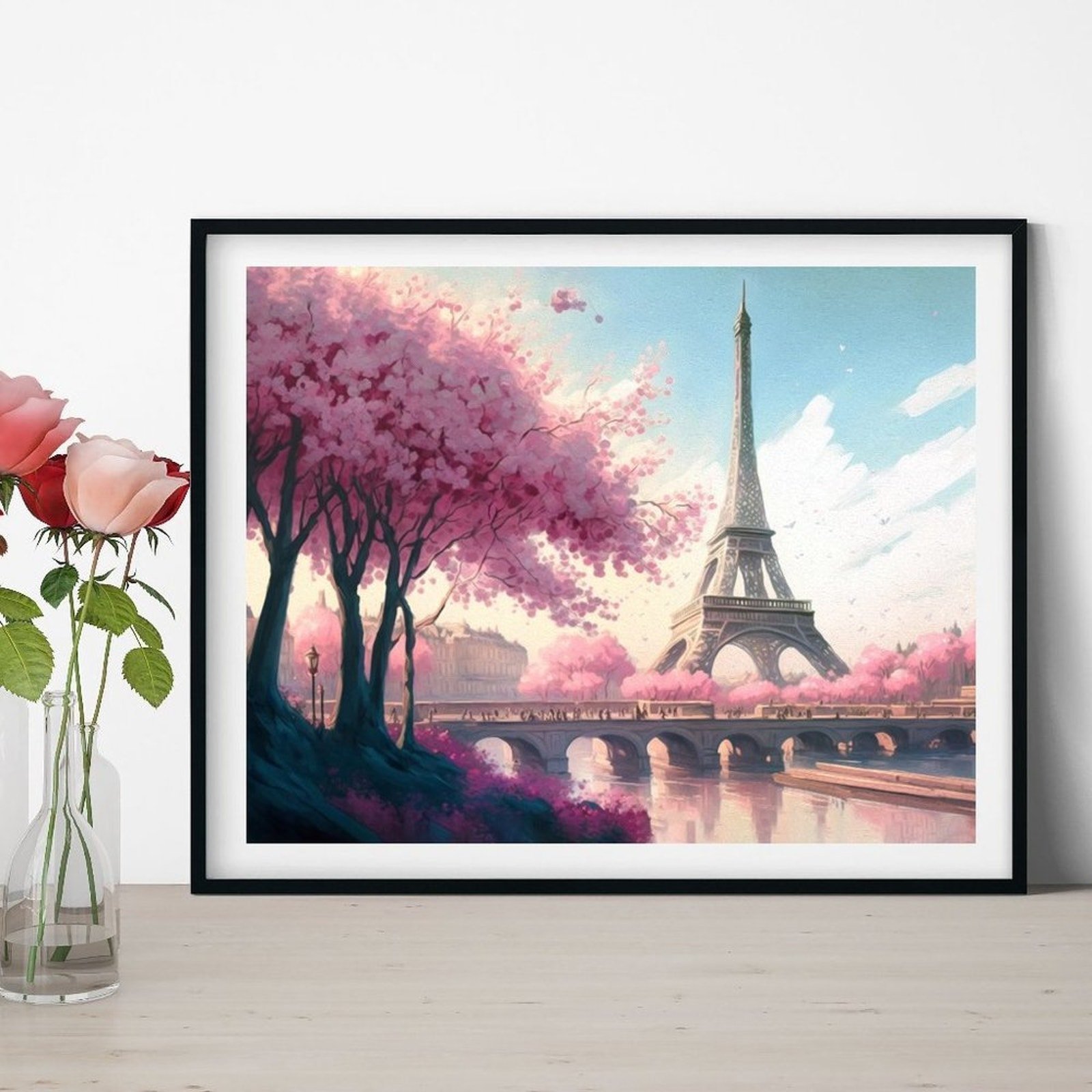 8x10 Paris Eiffel Tower Floral Fantasy Watercolor Oil Painting Art Print