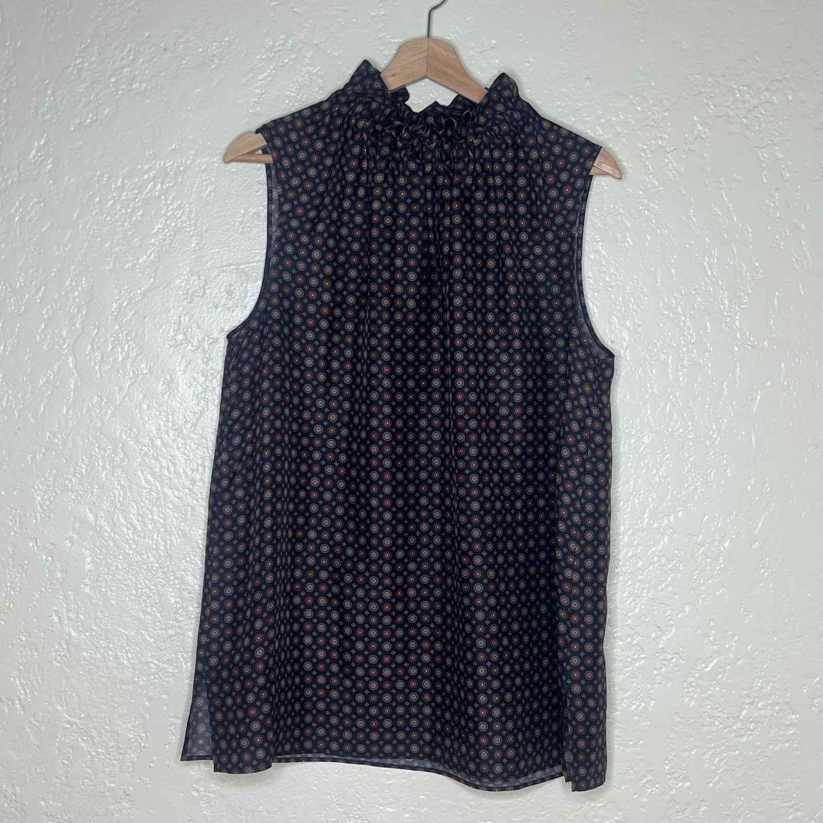 Lafayette 148 New York Women's Brown Silk Percy Ruffle-Neck Sleeveless Top XL