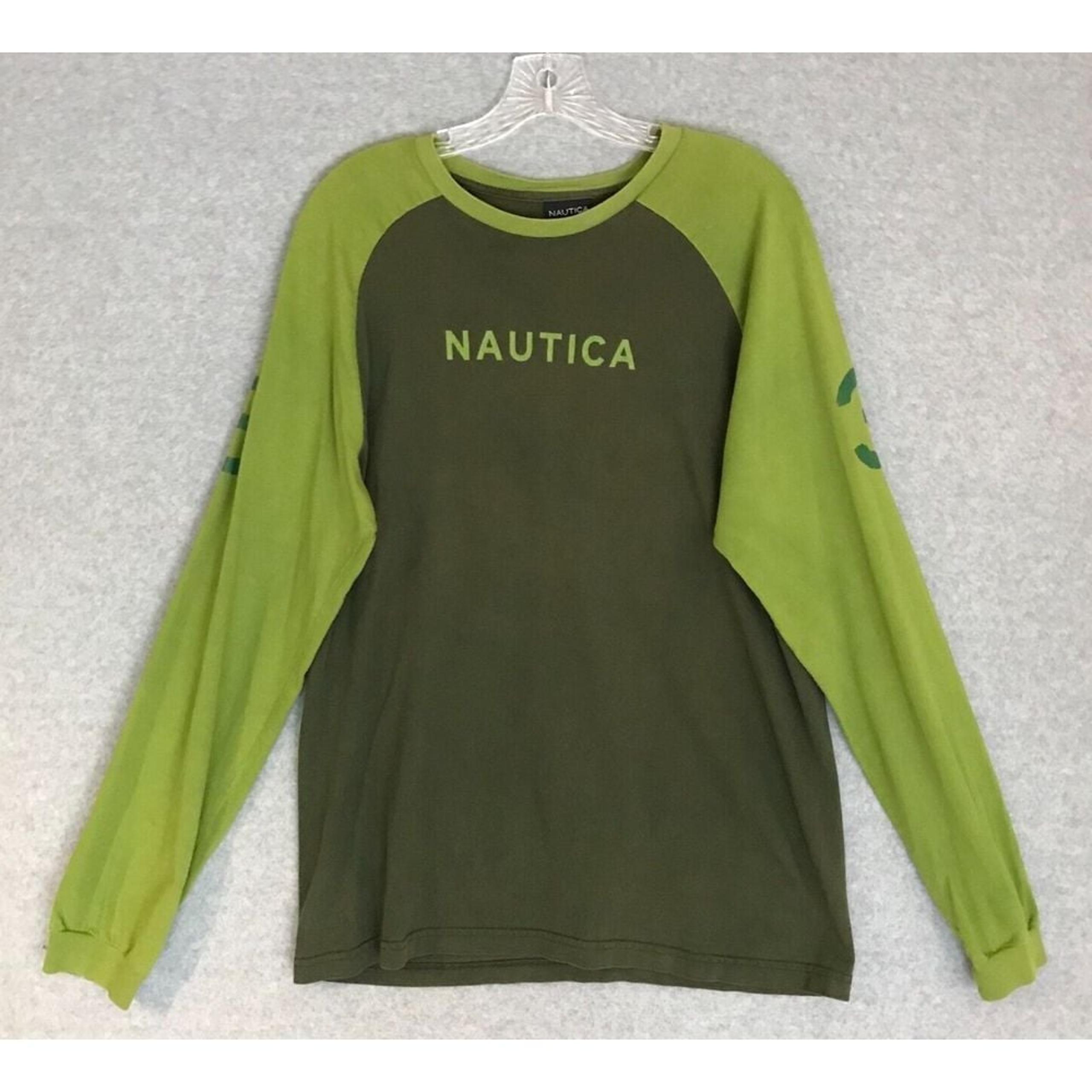Shirt Mens Medium Long Sleeve Spellout Logo #3 Green Cotton Tee Casual - Nautica