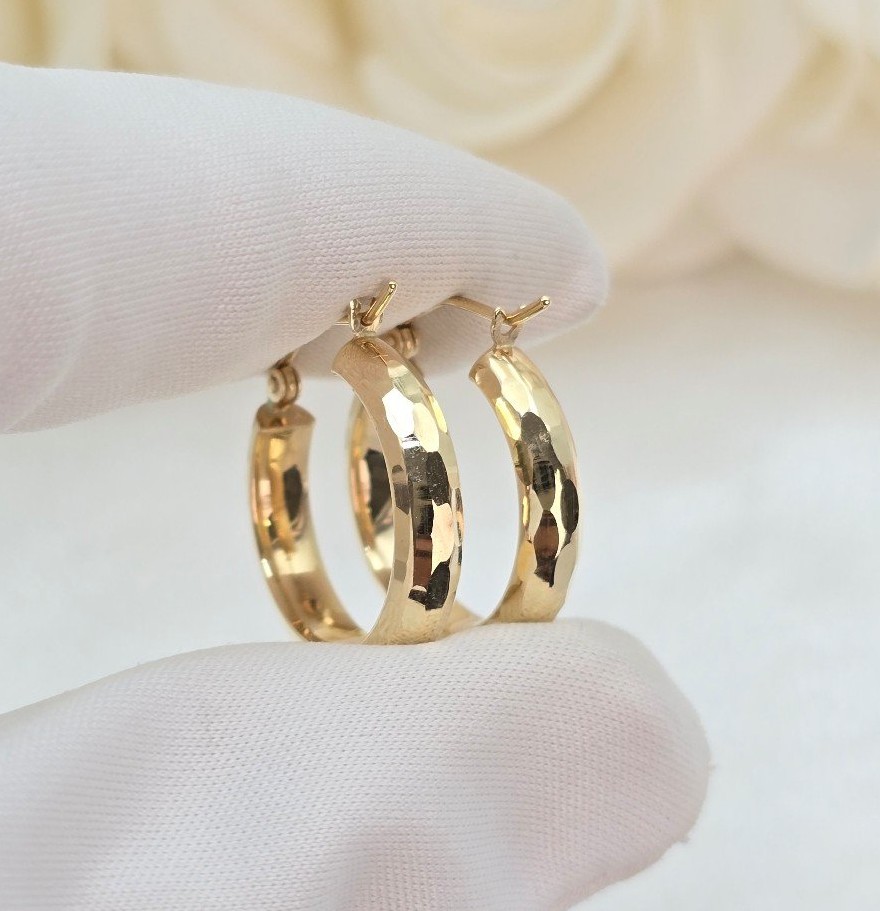 Real 14k Gold 4mm Hammered Hoop Earrings - 20mm