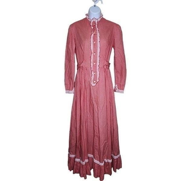 Vintage 40s Country Prairie Maxi Dress Womens Small Red Calico Metal Zipper