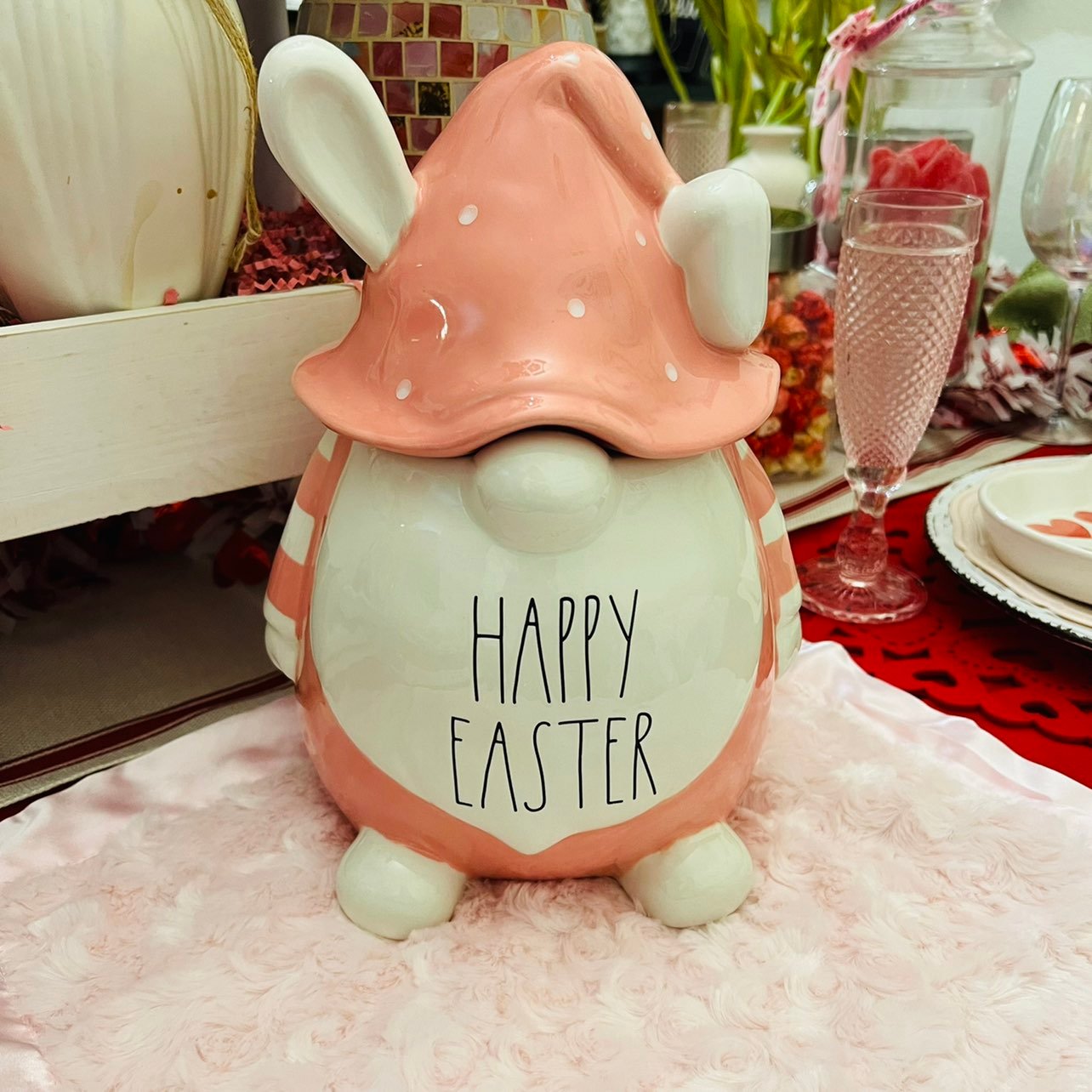 Rae Dunn Pink Easter Bunny Gnome Ceramic Jar Canister