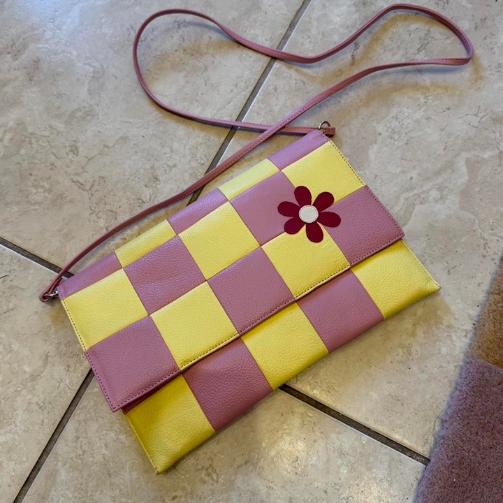 Jessica Butrich leather Yellow and pink checkered crossbody bag / clutch bag