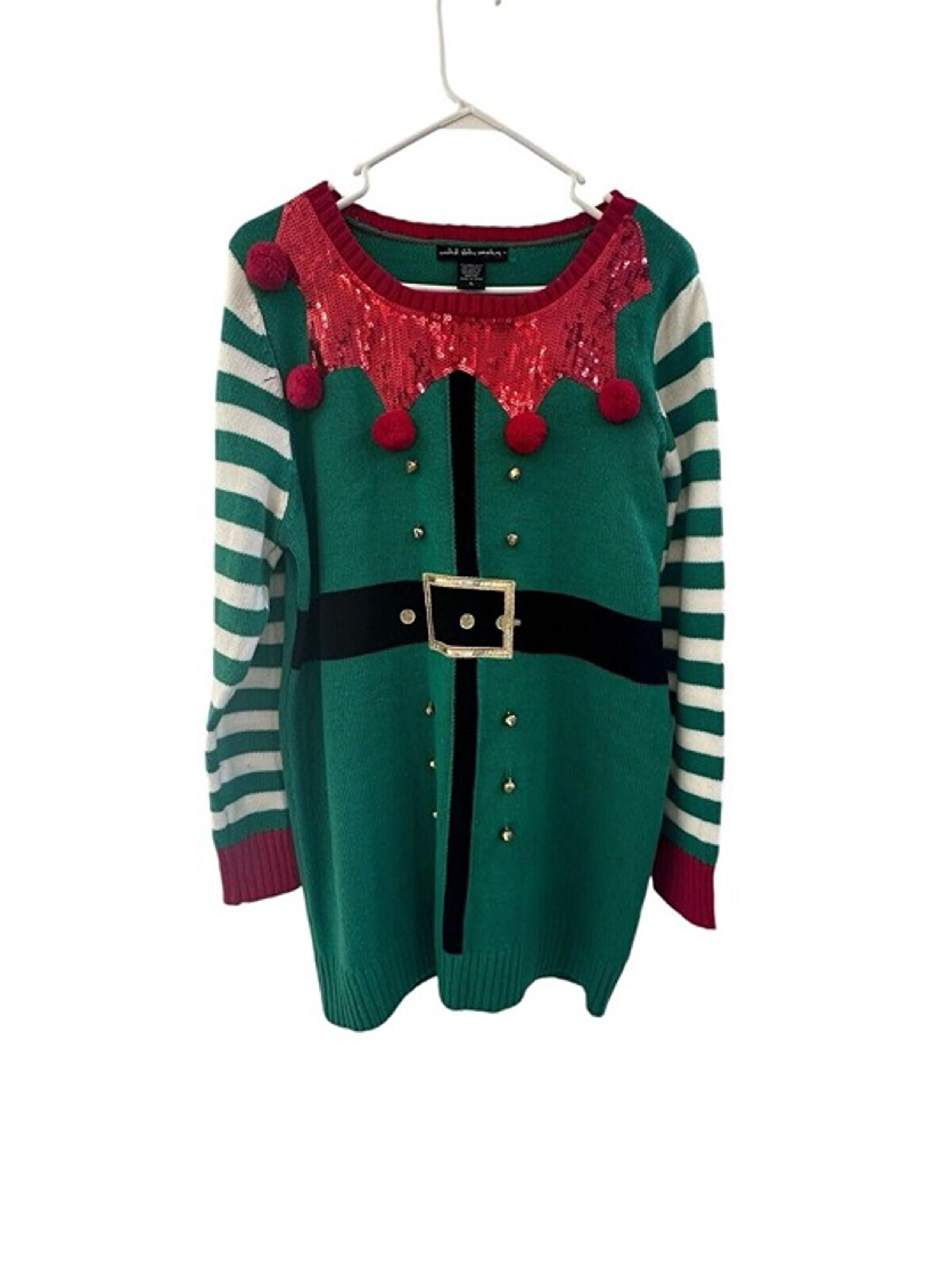 United States Women's Holiday Elf Christmas Ugly Bells PomPoms Sweater Size XL