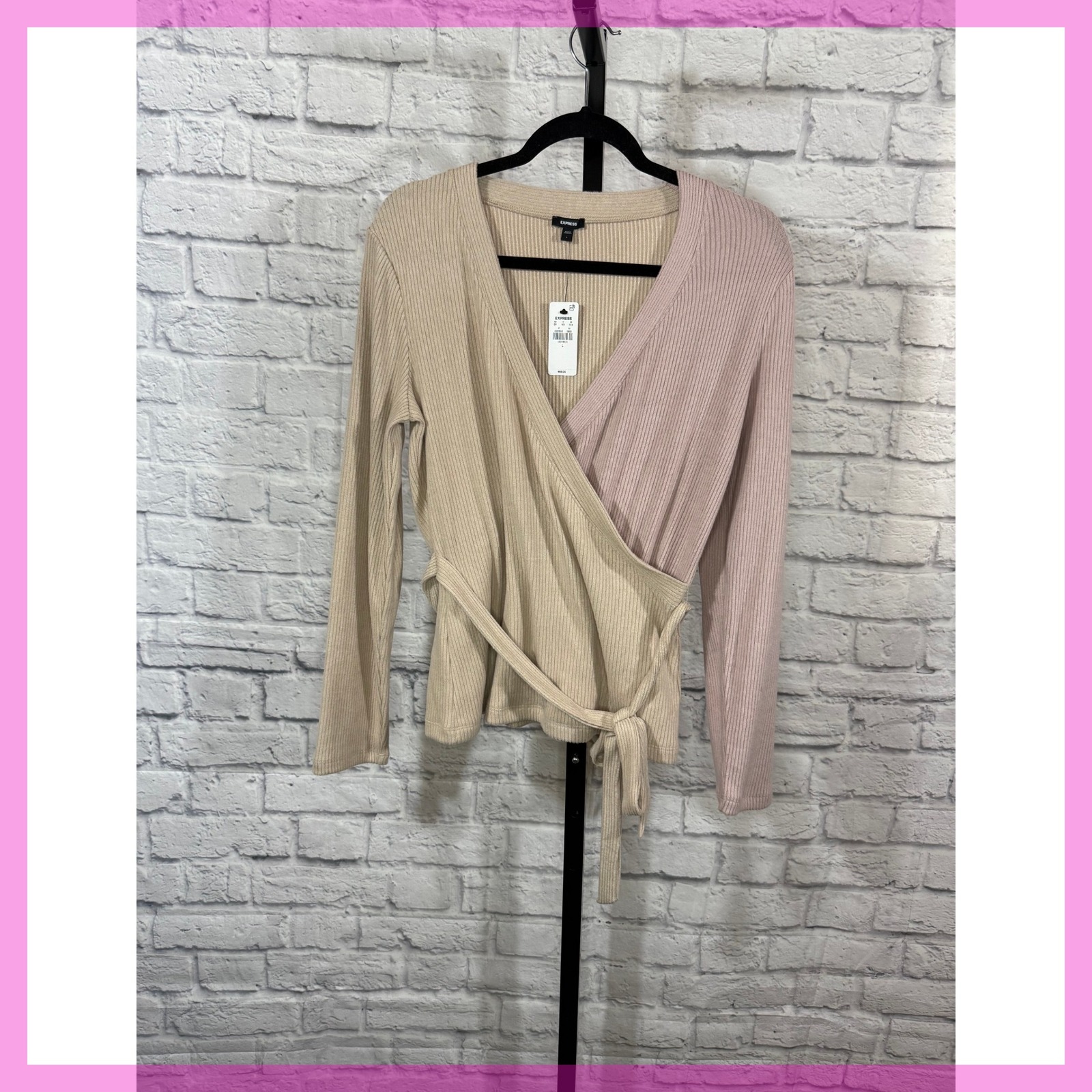 Express Large Tan/Pink Ribbed Long Sleeved Faux Wrap Sweater NWT