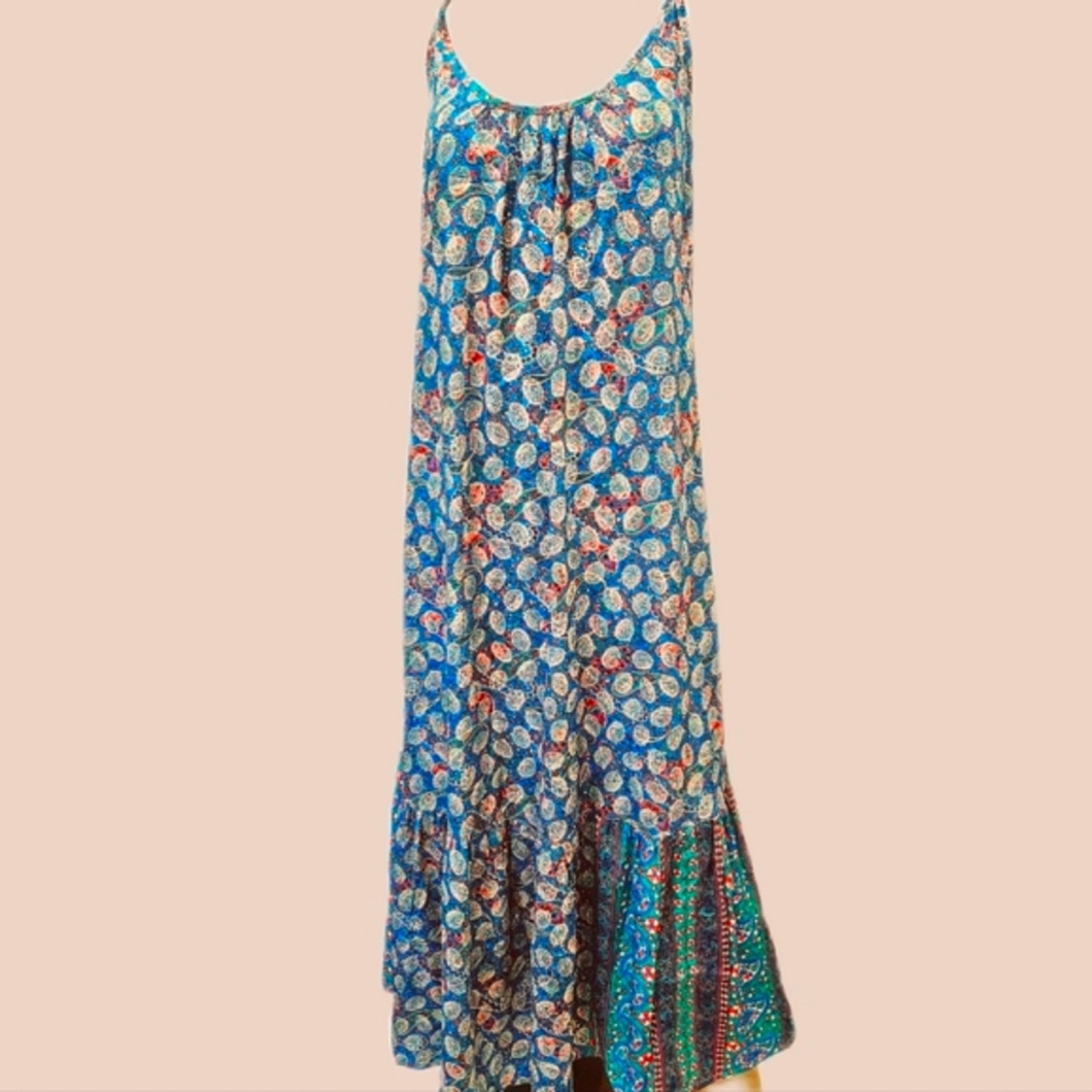 KARMA Hwy Blue Grn Shift Maxi Ruffle Hem Dress OS NWT