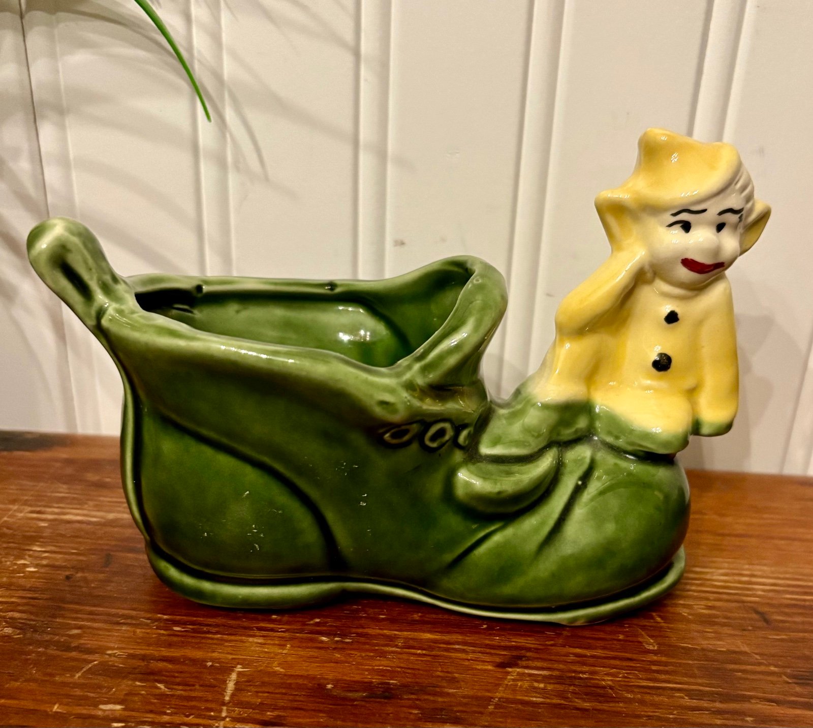 Adorable Vintage Pixie Elf on Green Shoe Planter