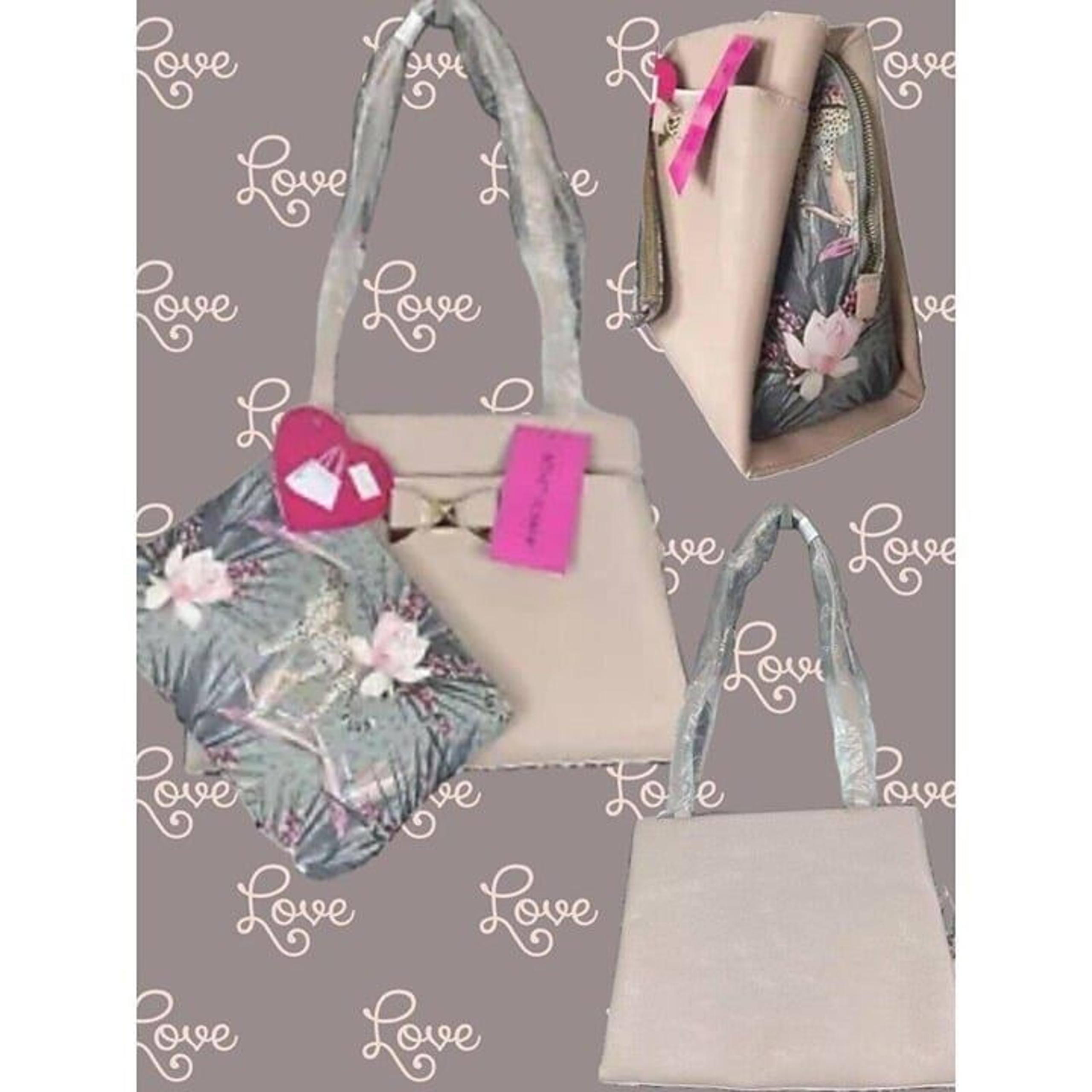 Betsey Johnson Pink Textured Zip Top Contrast Floral Dual Handle Satchel Handbag