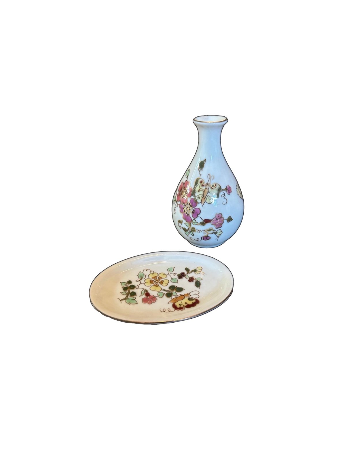 Vintage Butterfly Garden Zsolnay Pecs Porcelain Vase & Trinket Tray Set Numbered