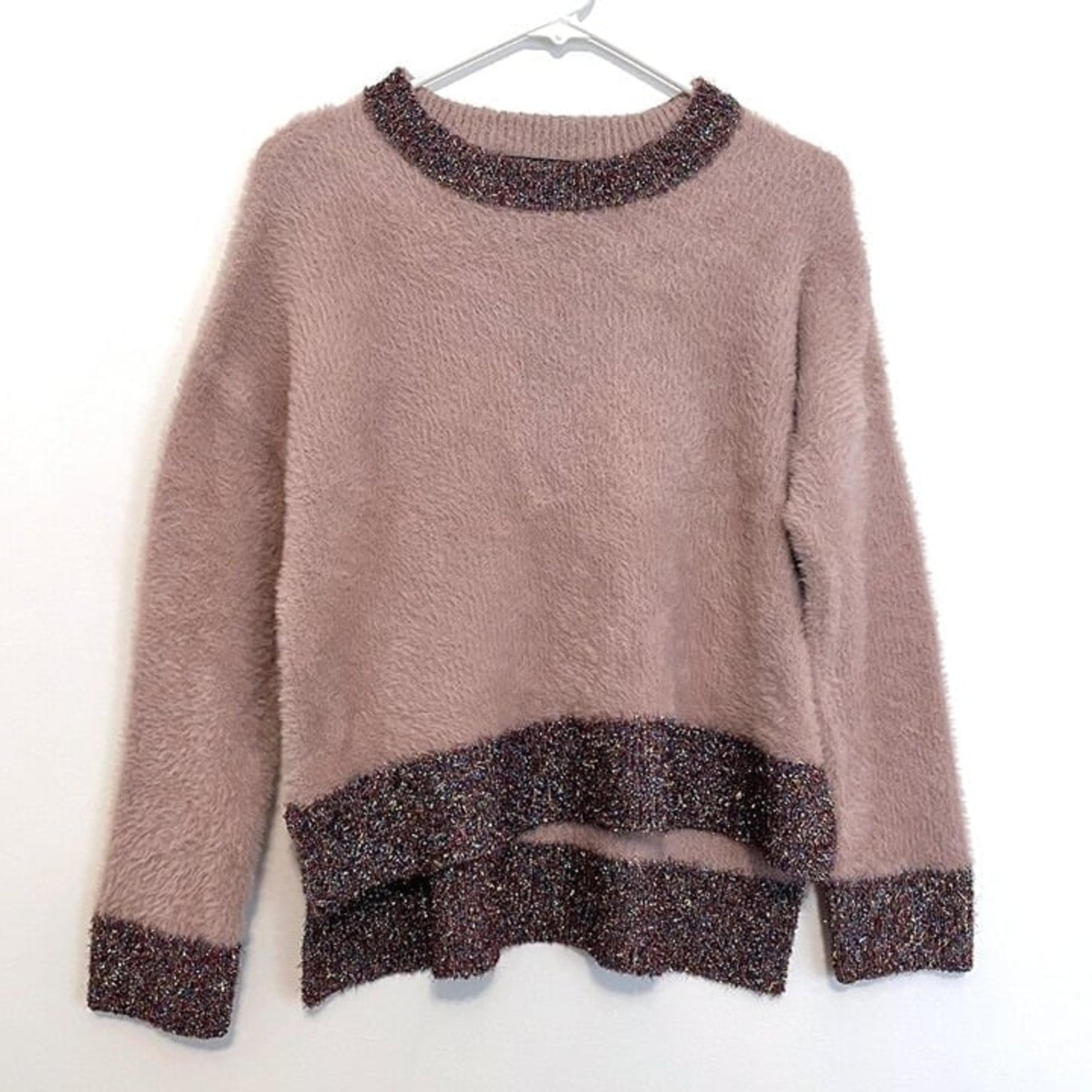 MARC NEW YORK ANDREW MARC Mauve ish Metallic Tinsel Trim Fuzzy Winter Sweater S