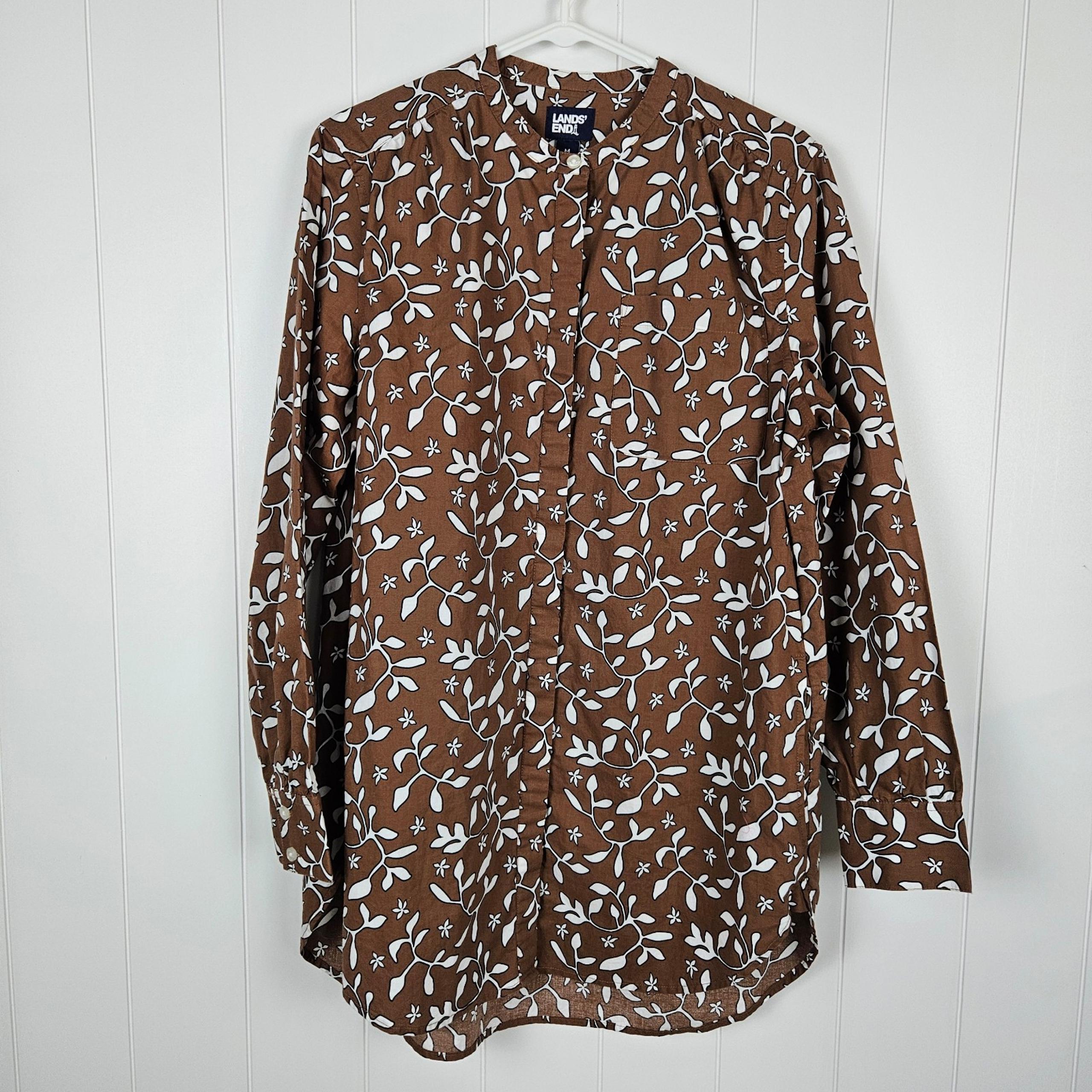 Lands End Medium Brown Floral Tunic Long Sleeve Button Up Pocket Mandarin Collar