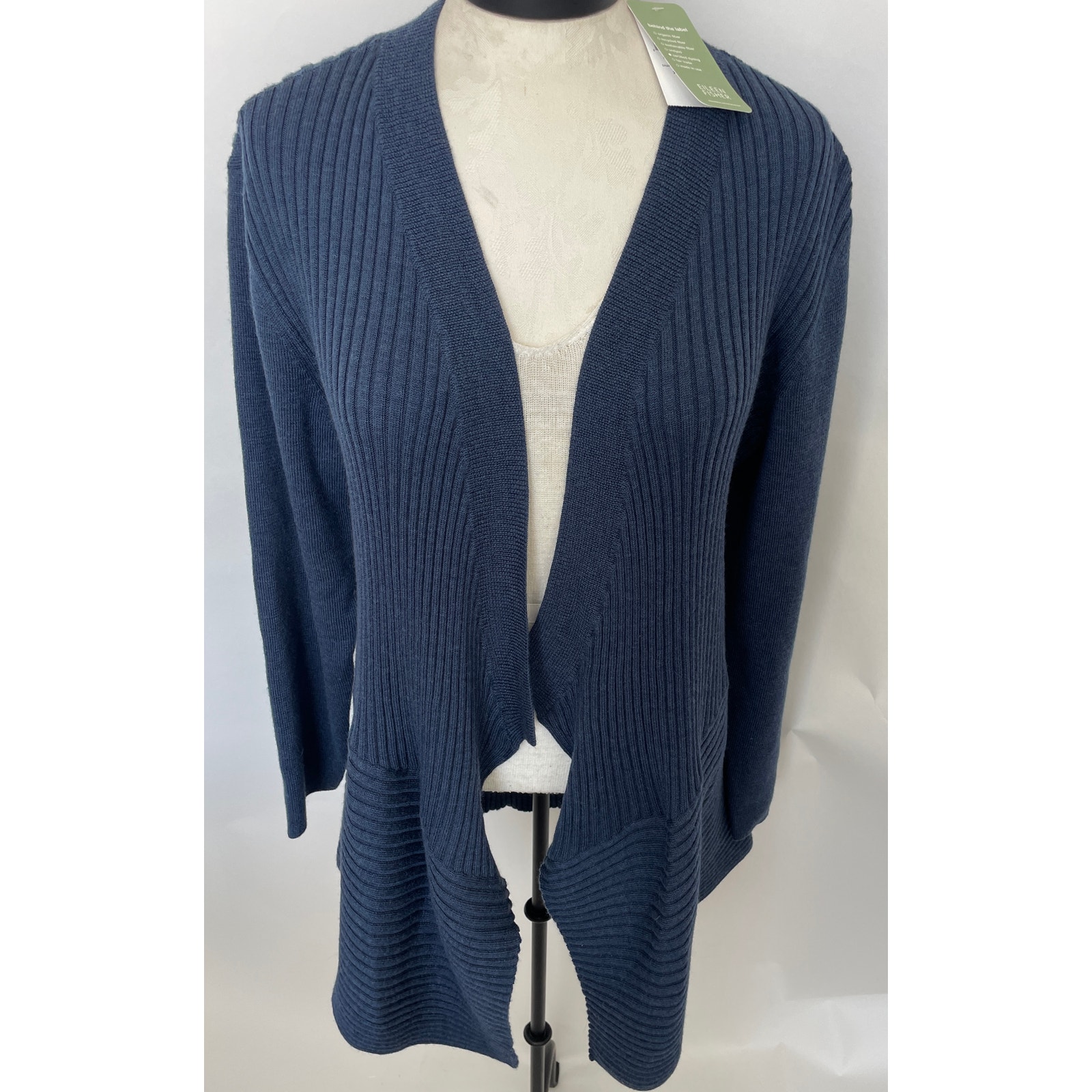 Eileen Fisher Cardigan Sweater Womens XL Merino Wool Dark Blue Ribbed