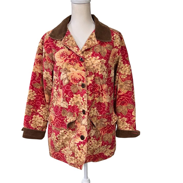 Vintage L.L. Bean Women's Floral Button-Up Barn Chore Coat Corduroy Trim Size M