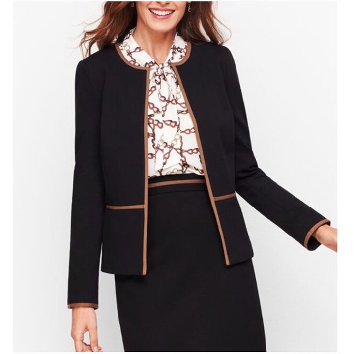 Talbots Tipped Jacket Womens 2 Italian Luxe Knit Black Brown Trim New