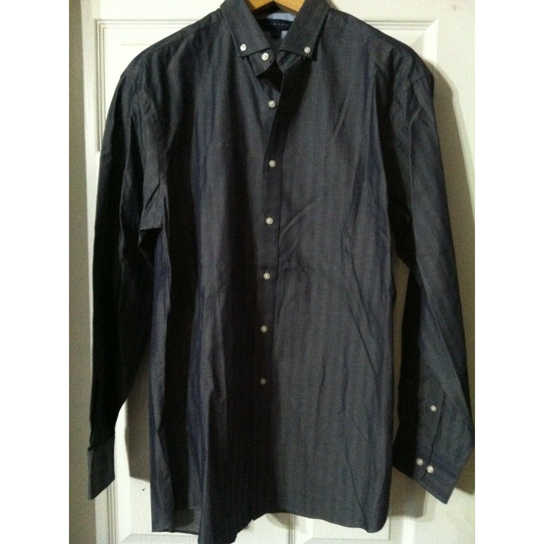 TOMMY HILFIGER MENS NEW GRAY 100%COTTON DRESS SHIRT REGULAR FIT SIZE:16/34-35