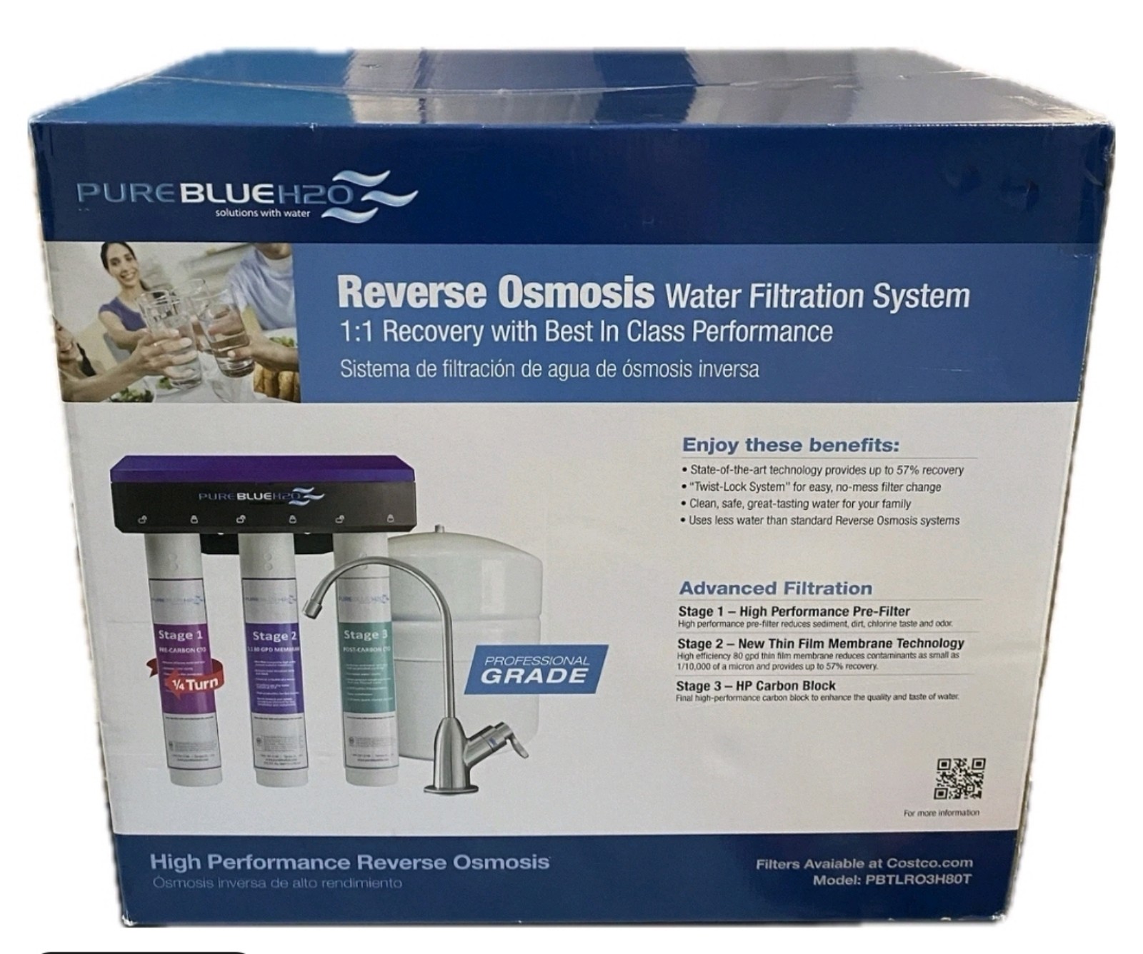 New Pure Blue H2O Reverse Osmosis Water Filtration System 3 Stage w faucet clean
