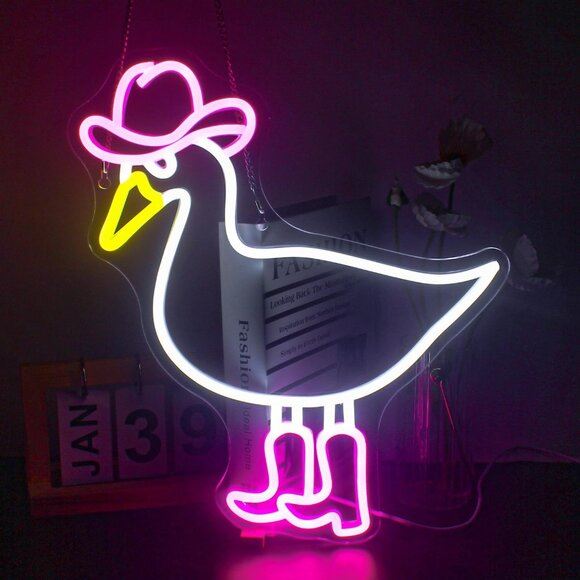 New Cowboy Duck Neon Sign, Pink LED Wall Light for Home, Room & Bar Decor