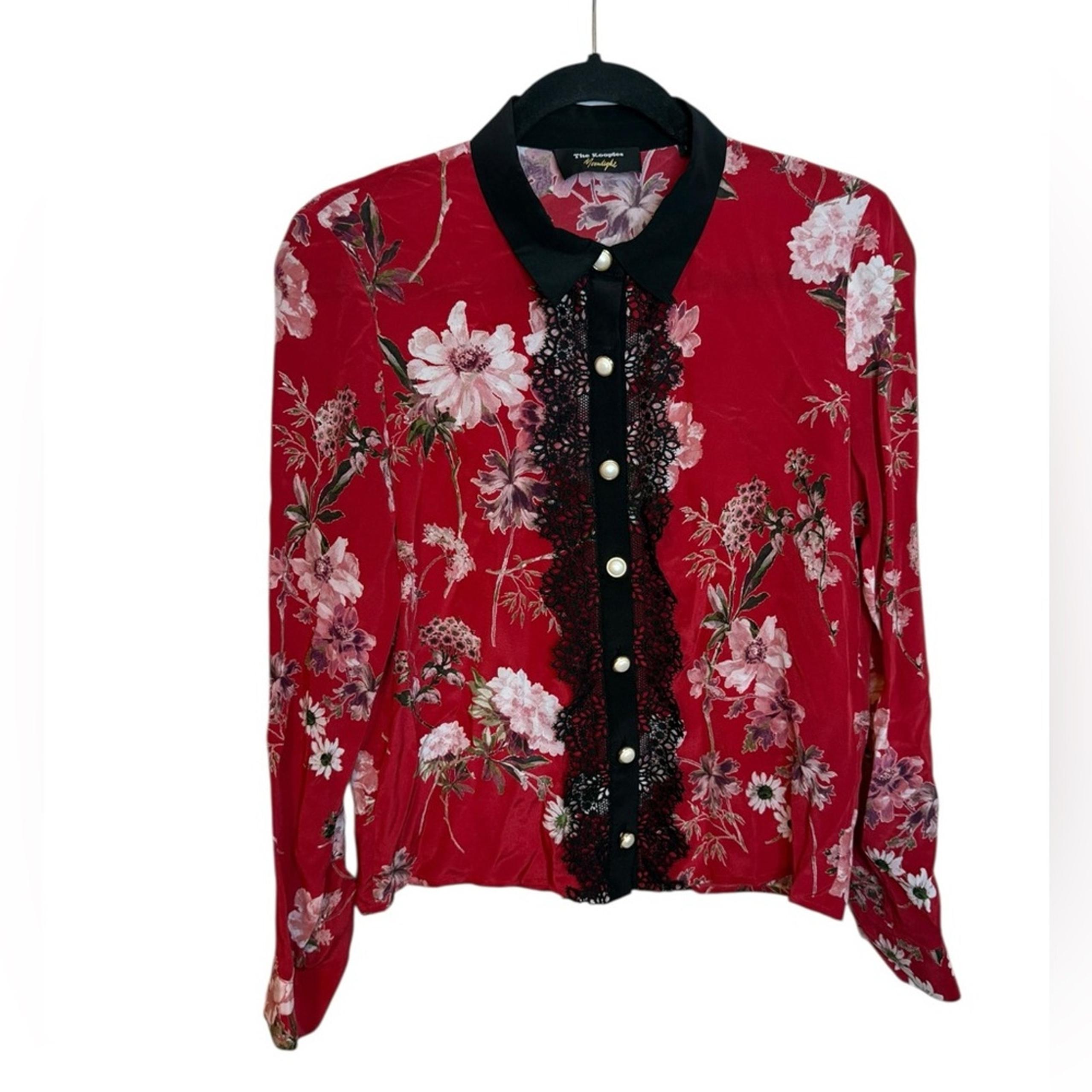 The Kooples Floral Lace Trim Pearl Button Down Blouse