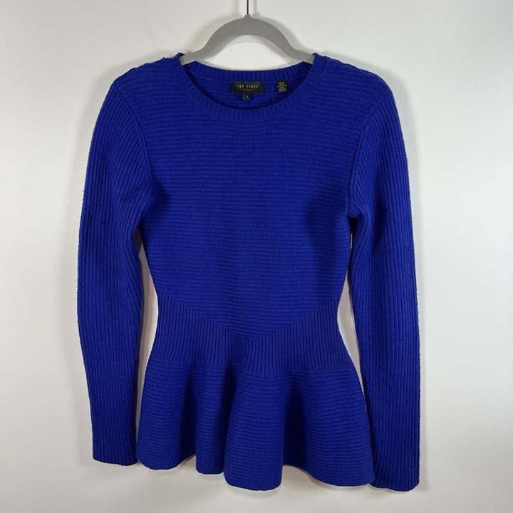 Ted Baker London Wool Blend Knit Peplum Pullover Sweater Shirt Blue Size 1