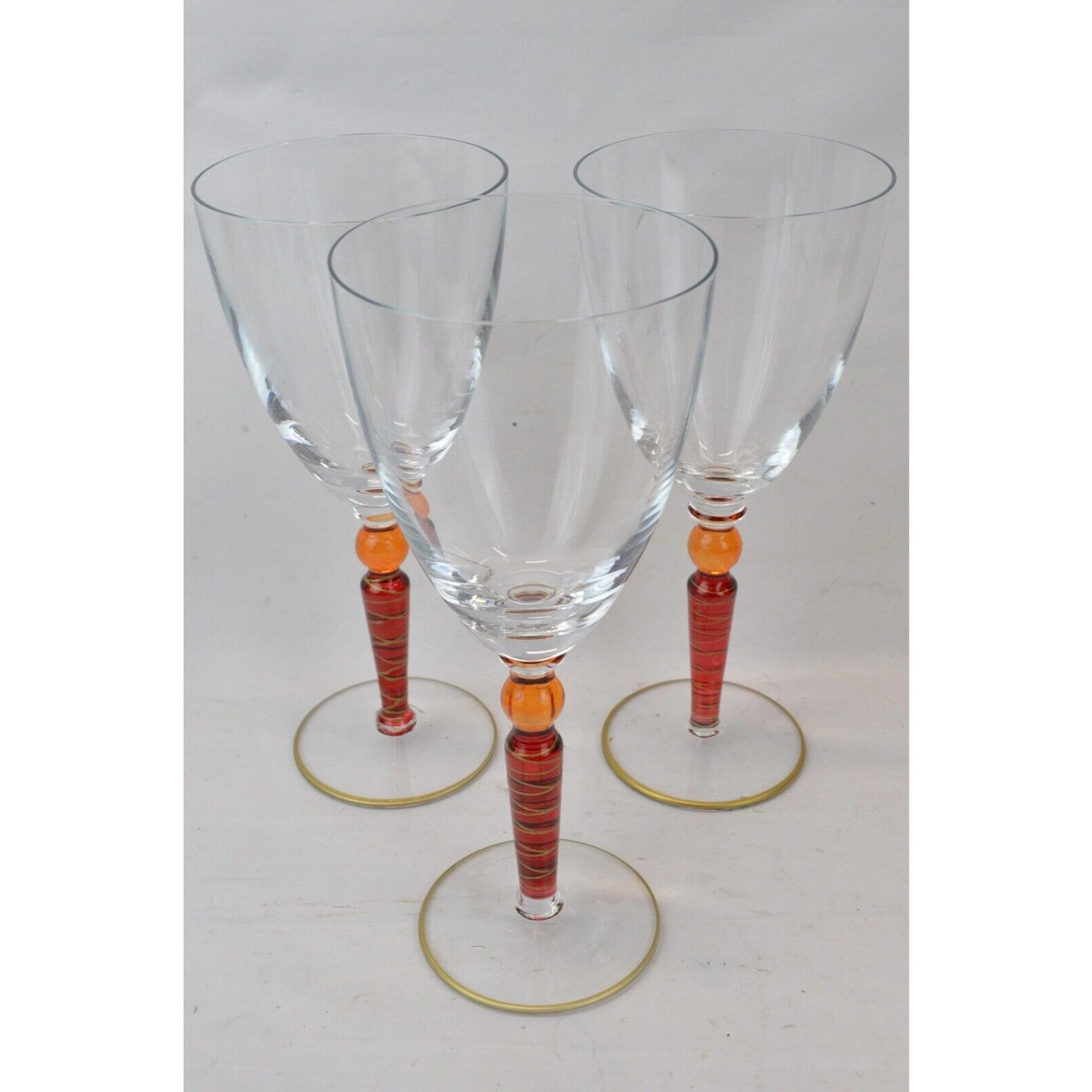 Set x3 PIER 1 Orbit Spice Water Goblet Wine Glasses Red Orange Ball Ruby Stem