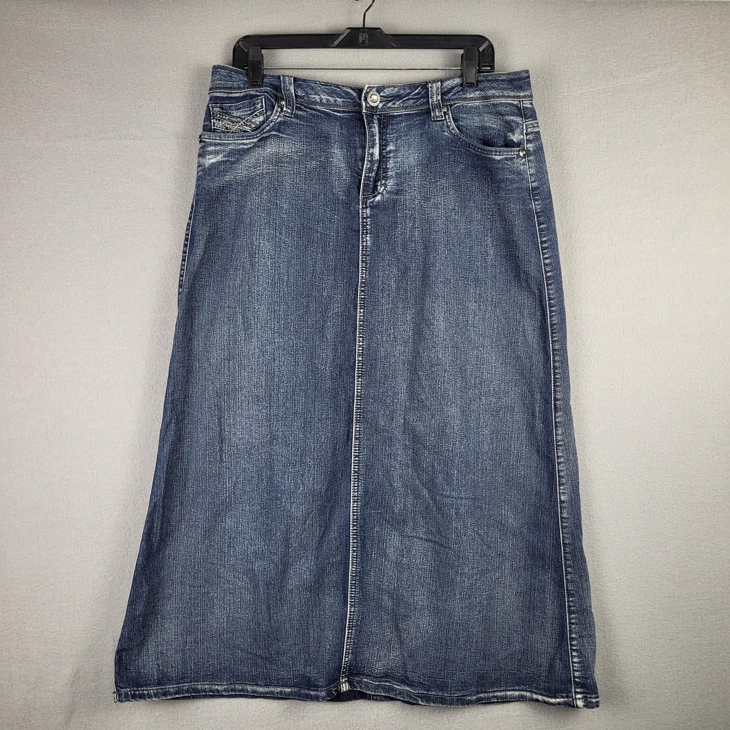 Women's Size 14 Denim Long Skirt Embroidered Pockets Western Hippie Midi - Cato