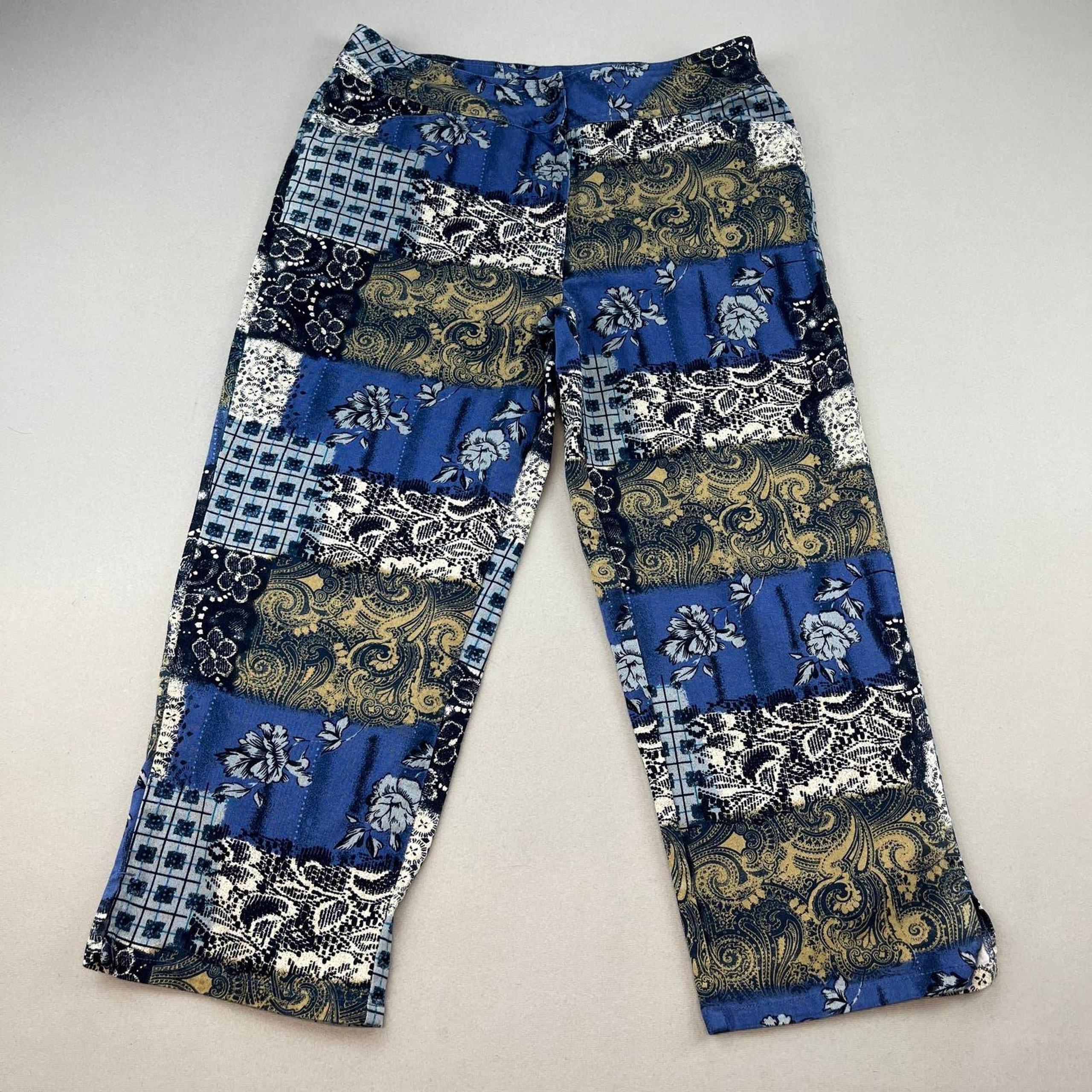 Vintage Bill Blass Stretch Fit Floral Baroque Capri Pants Womens 8 Blue Tan