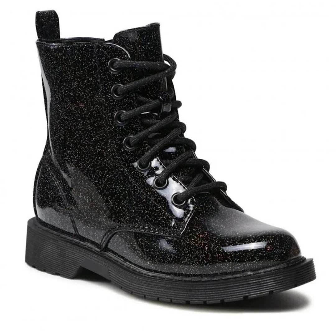 Steve Madden Stevie Kid’s Patent Black Glitter Lace Up Combat Boots Size 3