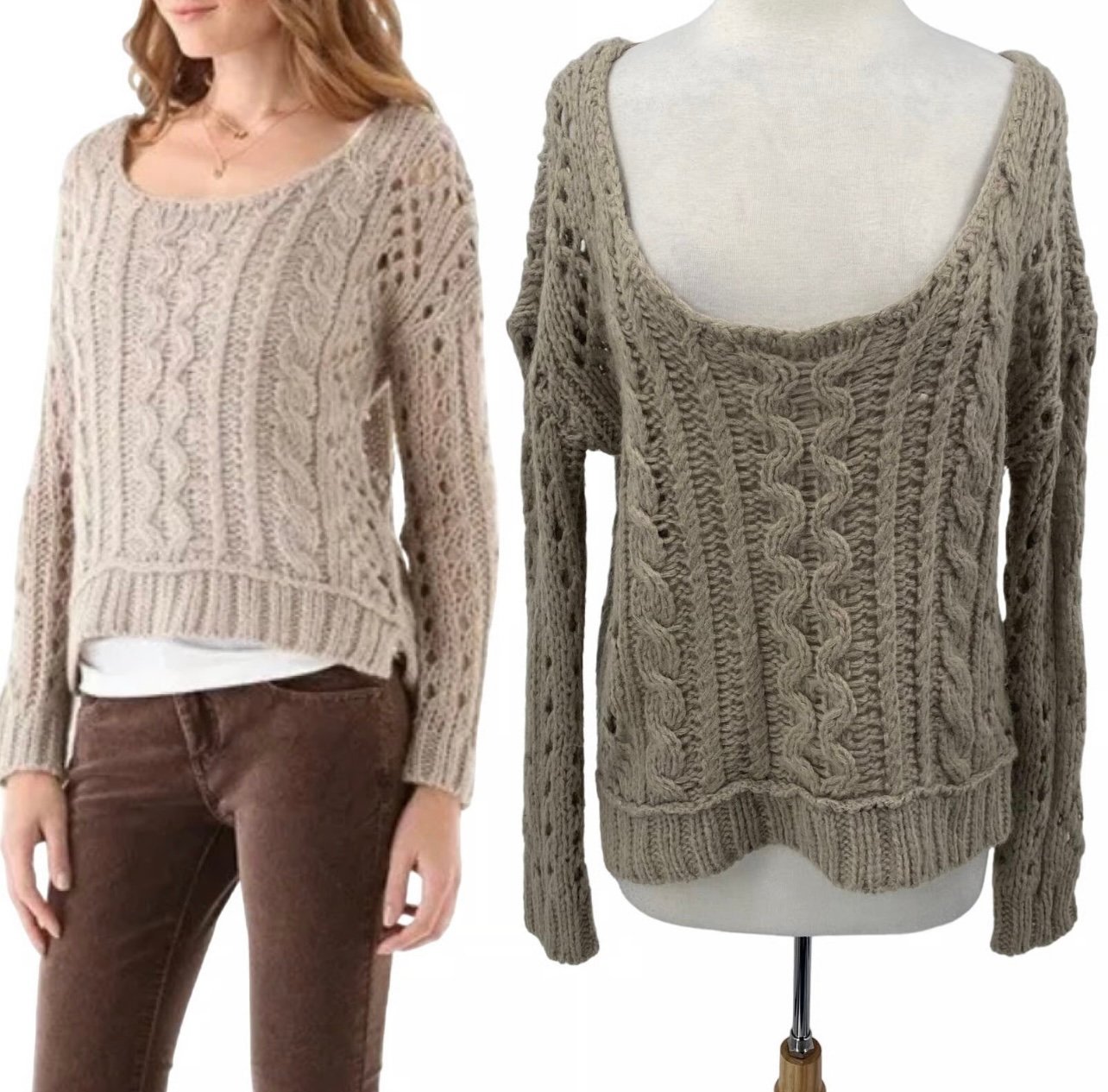 Free People Wool Mohair Blend Chunky Cable Knit Sweater Scoop Neck Neutral Taupe