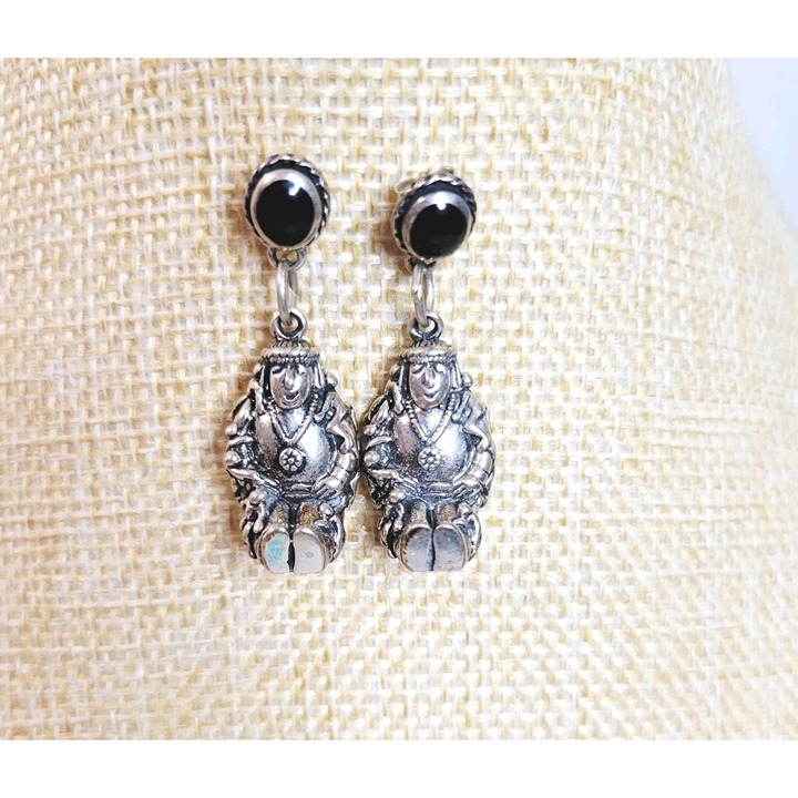 Vtg Sterling Mayan Aztec Warrior Dangle Earring Cloud Shape Marked Black Onyx