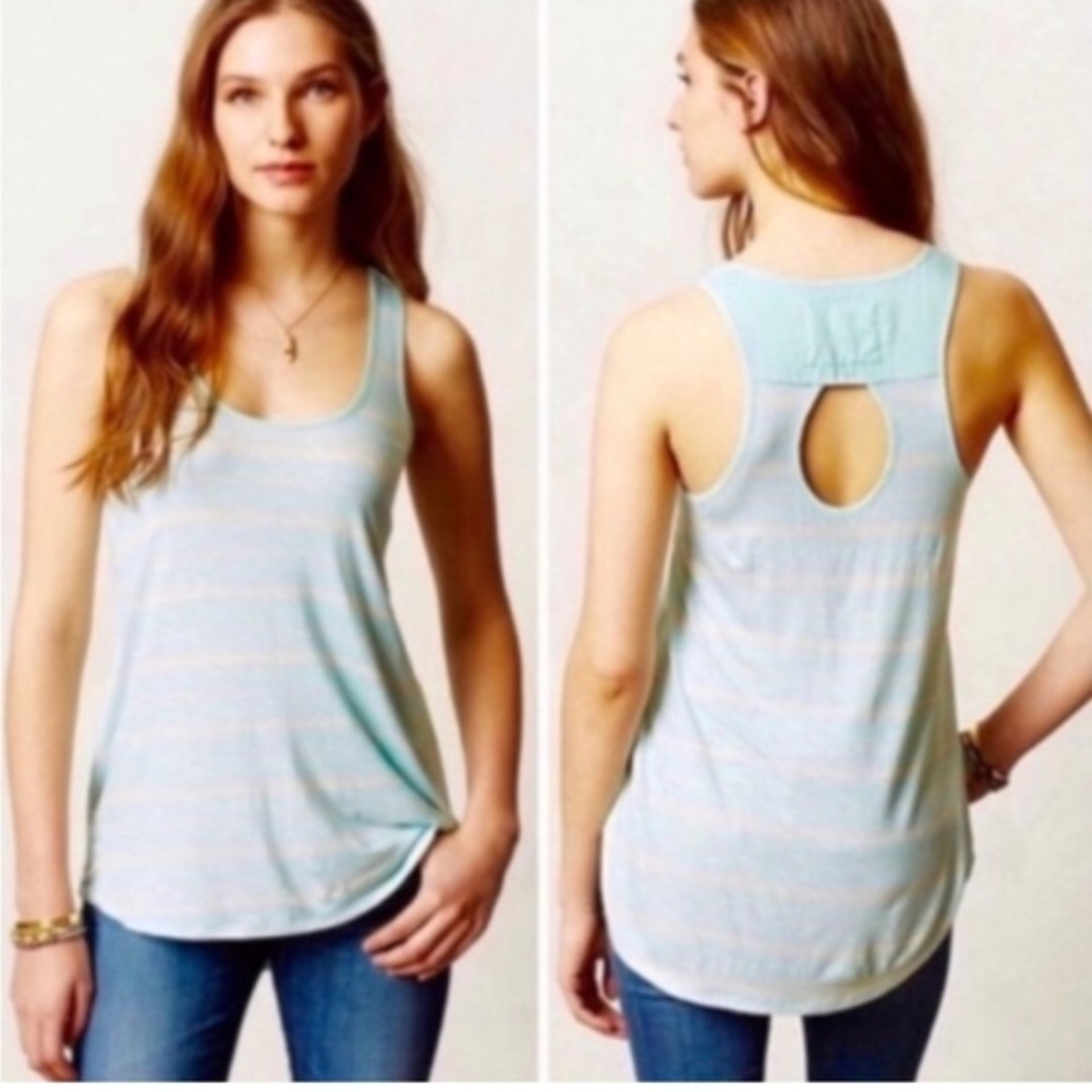 Anthropologie LILKA Alameda Aqua & White Stripe Alameda Tank Knit Top