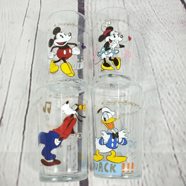 Disney Glass Cup Mickey Minnie Goofy Donald Set of 4