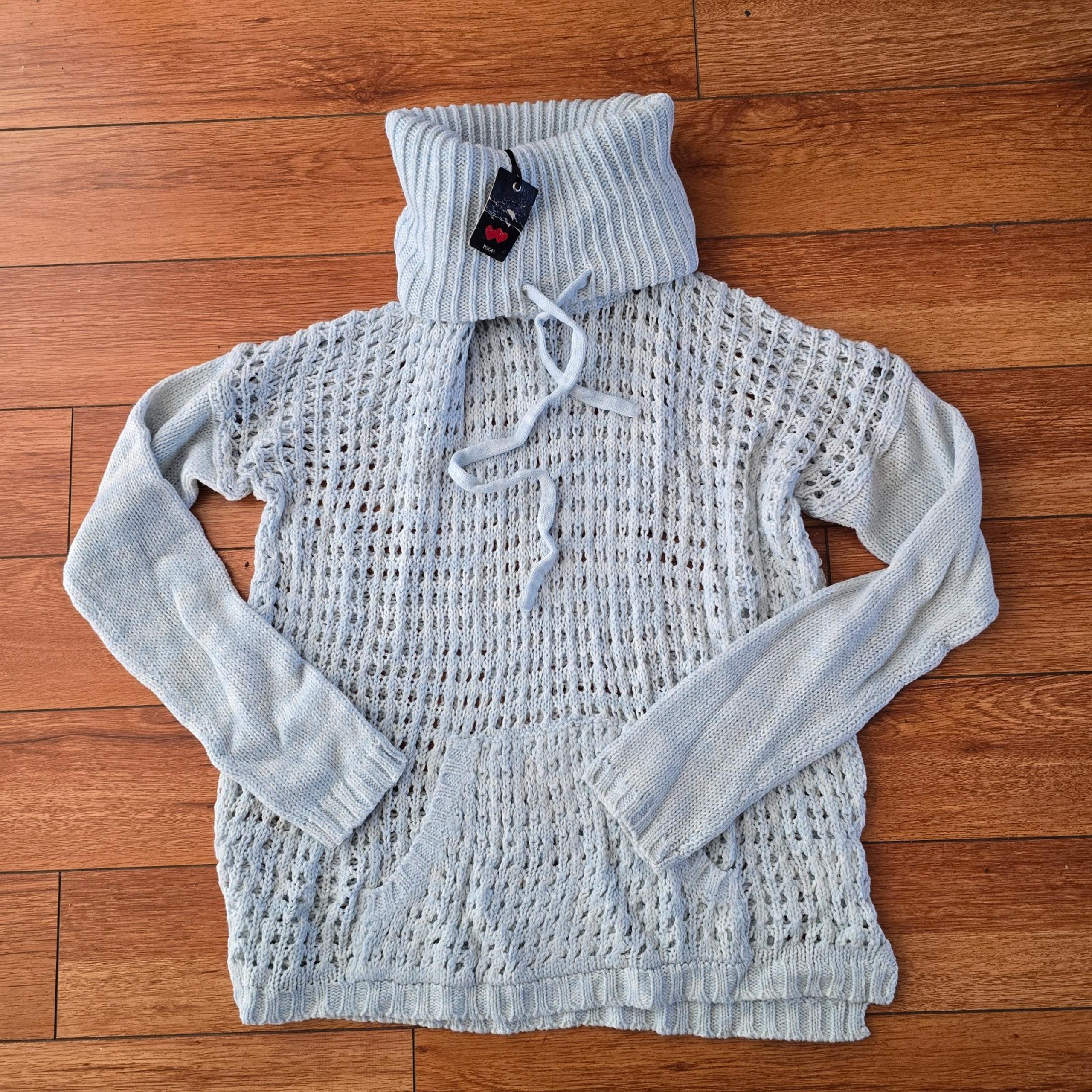 Poof! Cowl Neck Knit Acrylic Light Blue Sweater Size Large