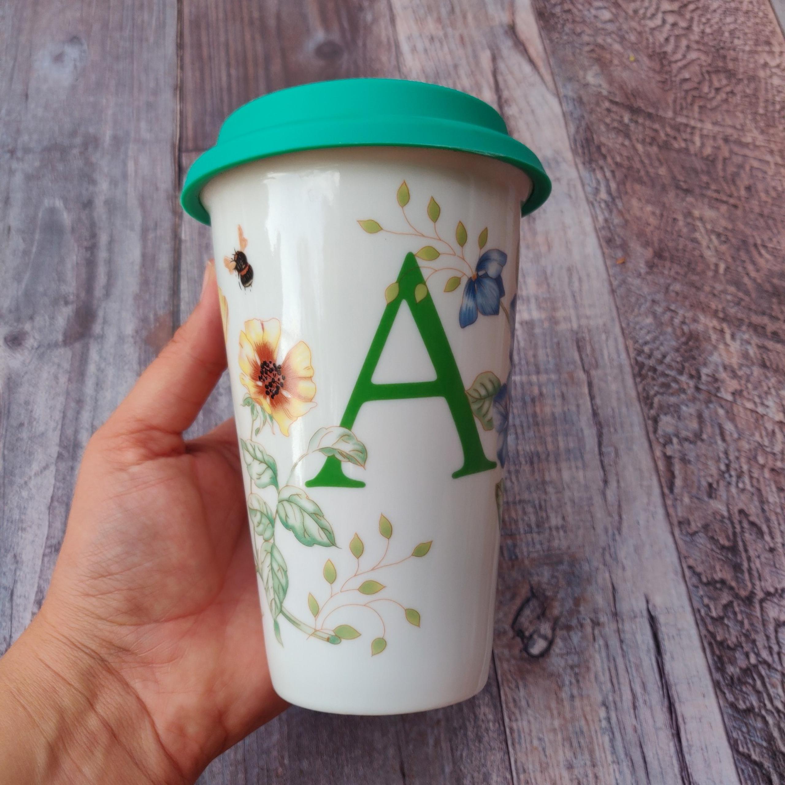 Lenox Ceramic Travel Mug Coffee Cup Letter A 12oz Teal