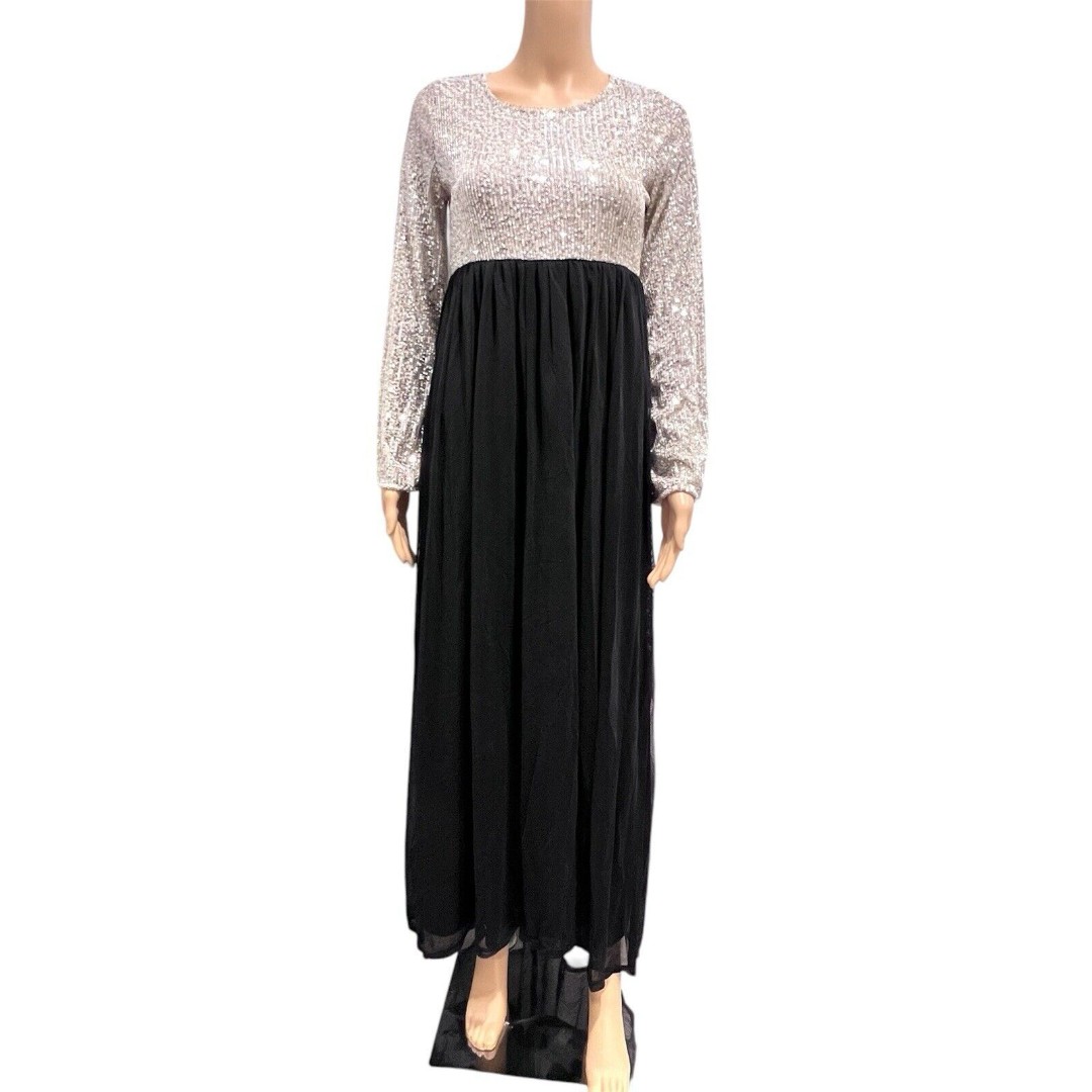 PinkBlush Maternity Dress Gold Sequin Bodice Tulle Long Sleeve Maxi Gown Small