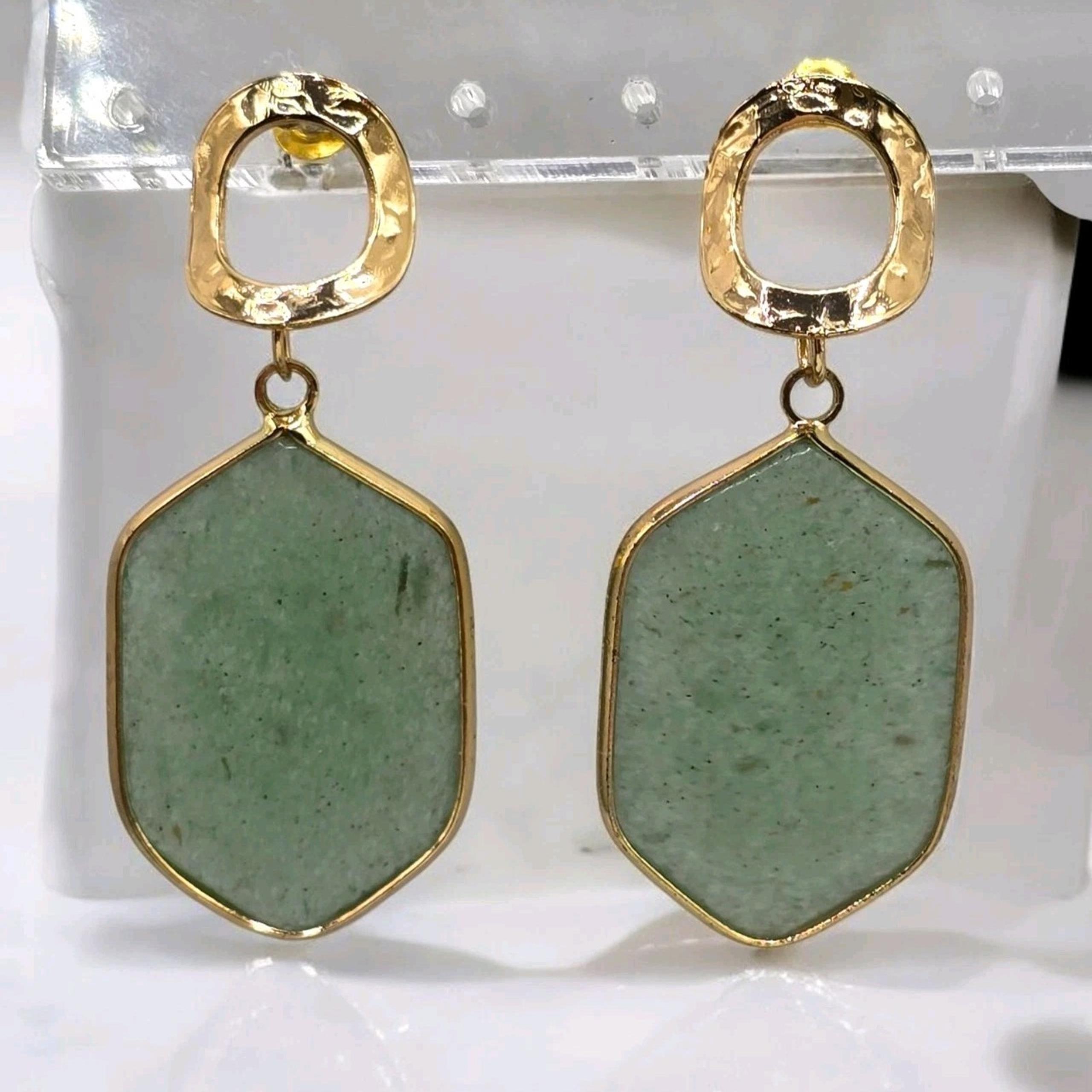 Hexagon Shaped Earrings Pierced Drop Green Acrylic Beads Gold Tone Setting