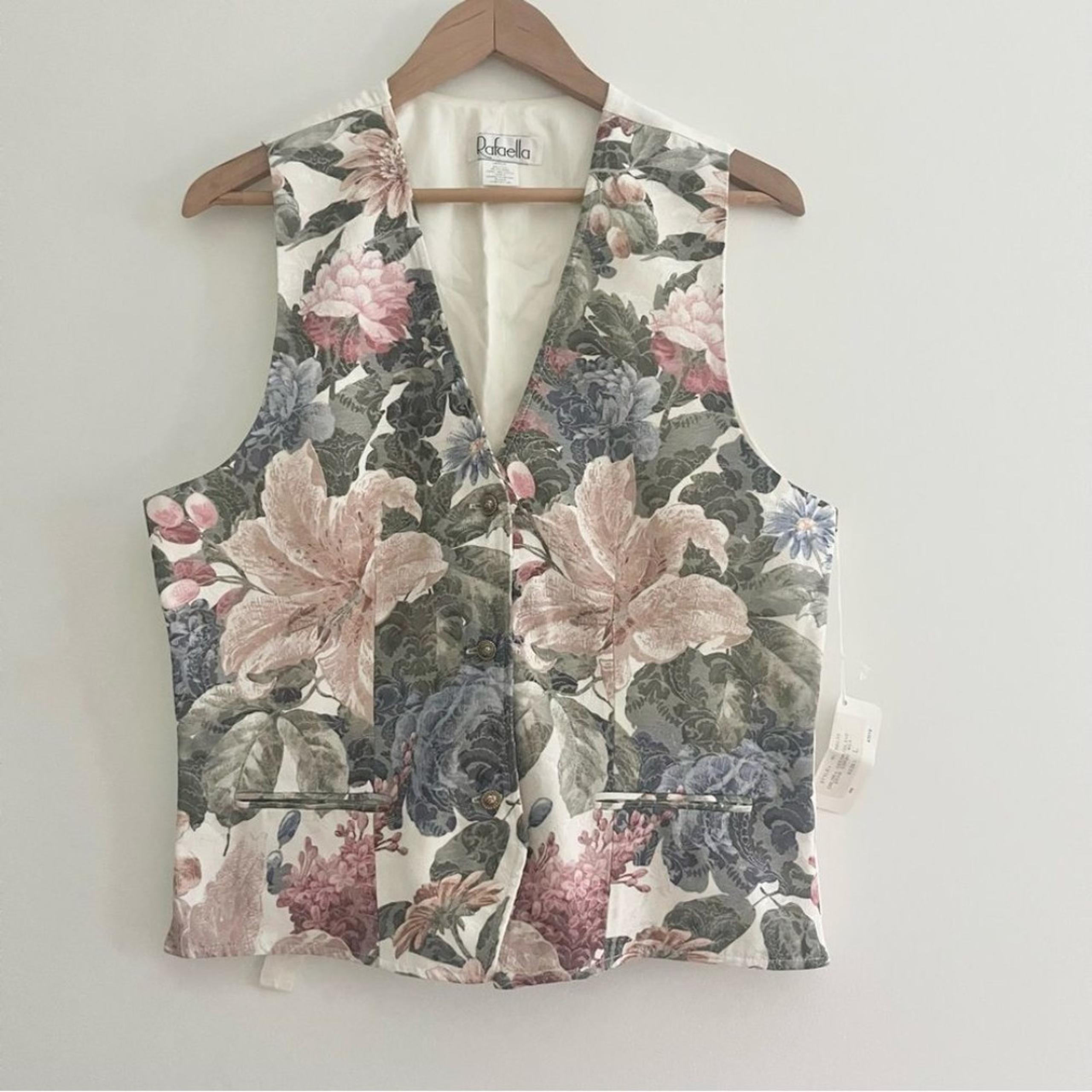 NWT Vintage Rafaella Jacquard Floral Vest Women’s Large Pastel Silver Buttons