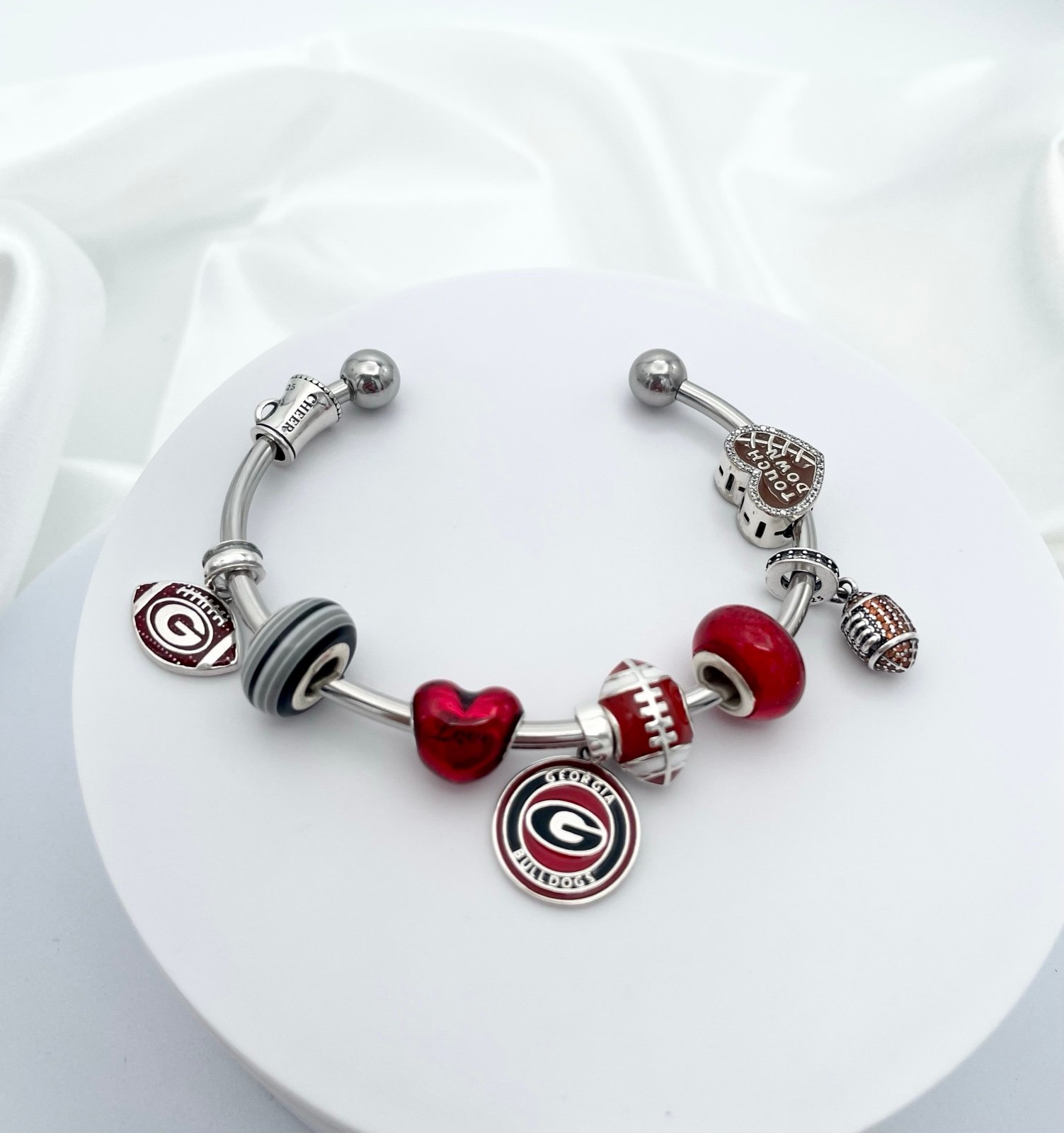 Linx Stainless Steel Open Bangle with Georgia Bulldogs Football Themed Charms