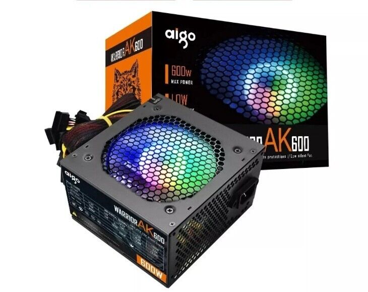 Power Supply Unit AK 600W PC PSU Black Gaming Quiet 120mm RGB Fan 24pin 12V ATX