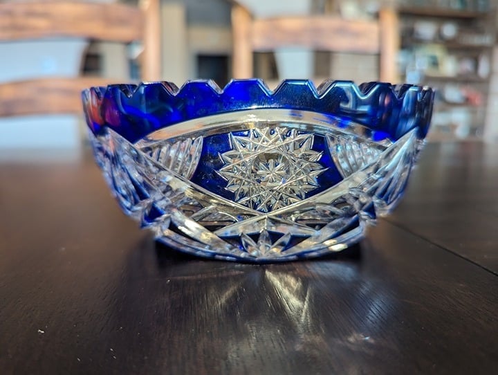 Vintage Bohemian Cobalt on Clear Crystal Sawtooth Bowl