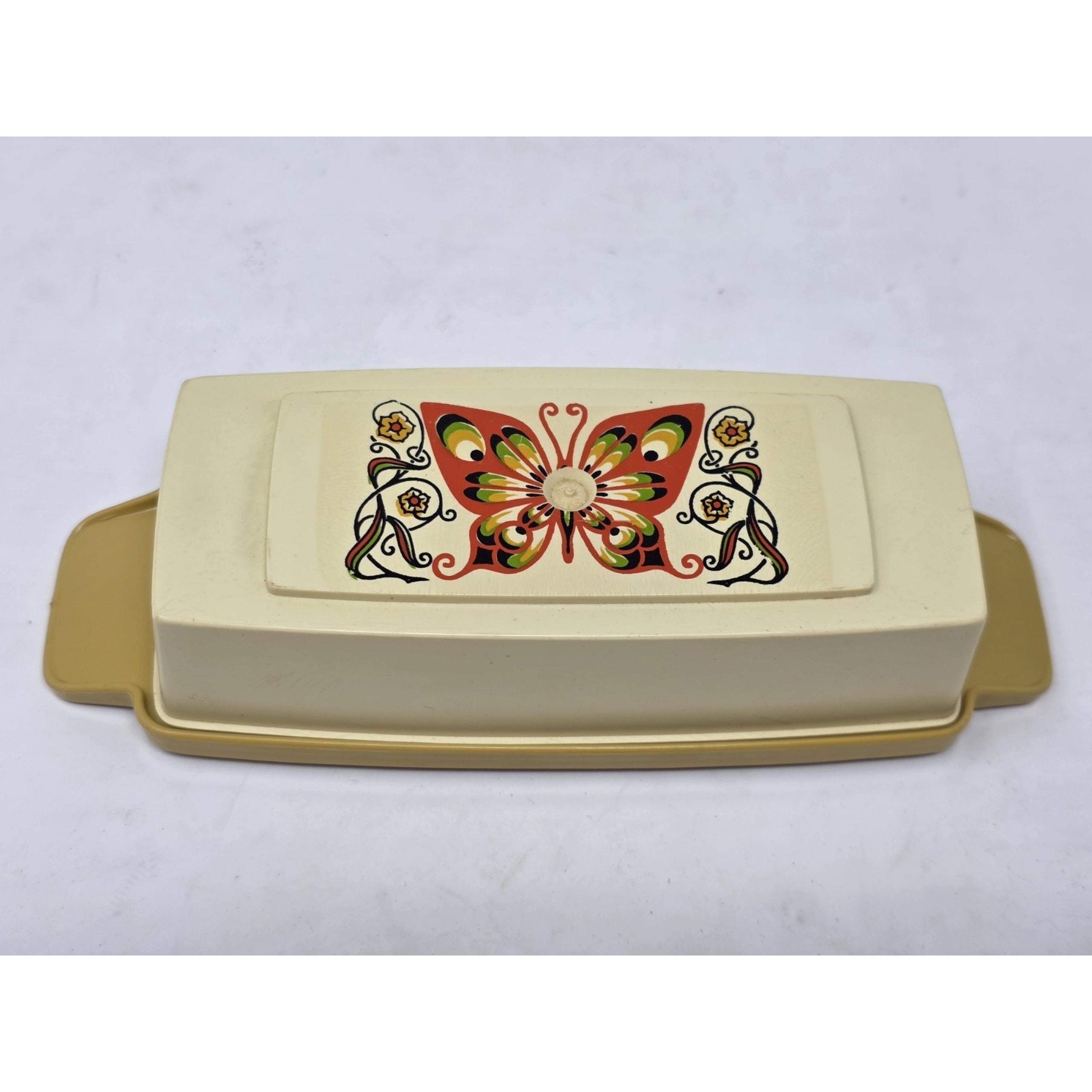 Vtg Butterfly Butter Dish 1970 Retro MCM Mustard Yellow Base Orange￼ - Sterilite