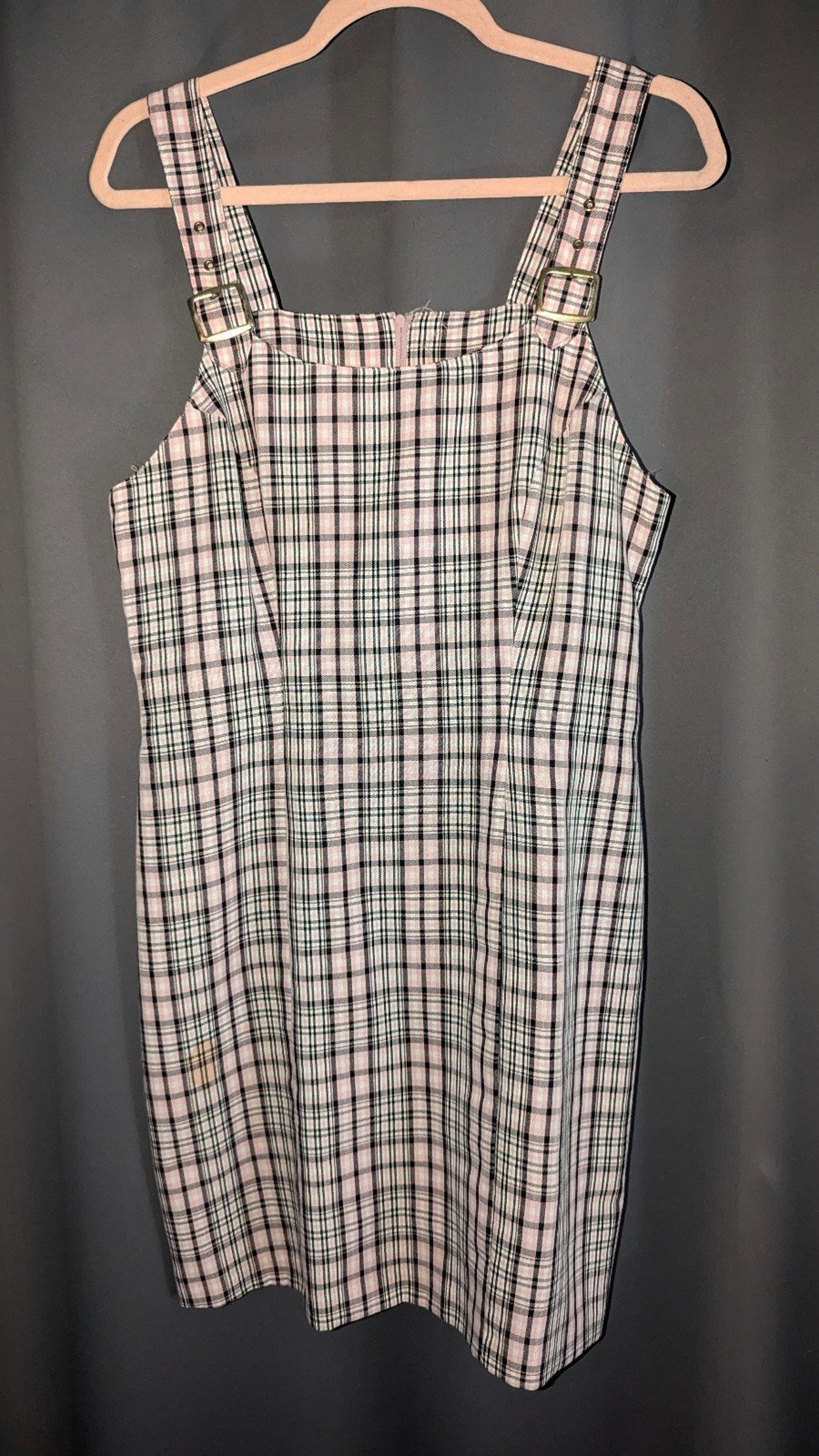 vintage 90s  pinafore pink plaid overalls dress jr's size 11