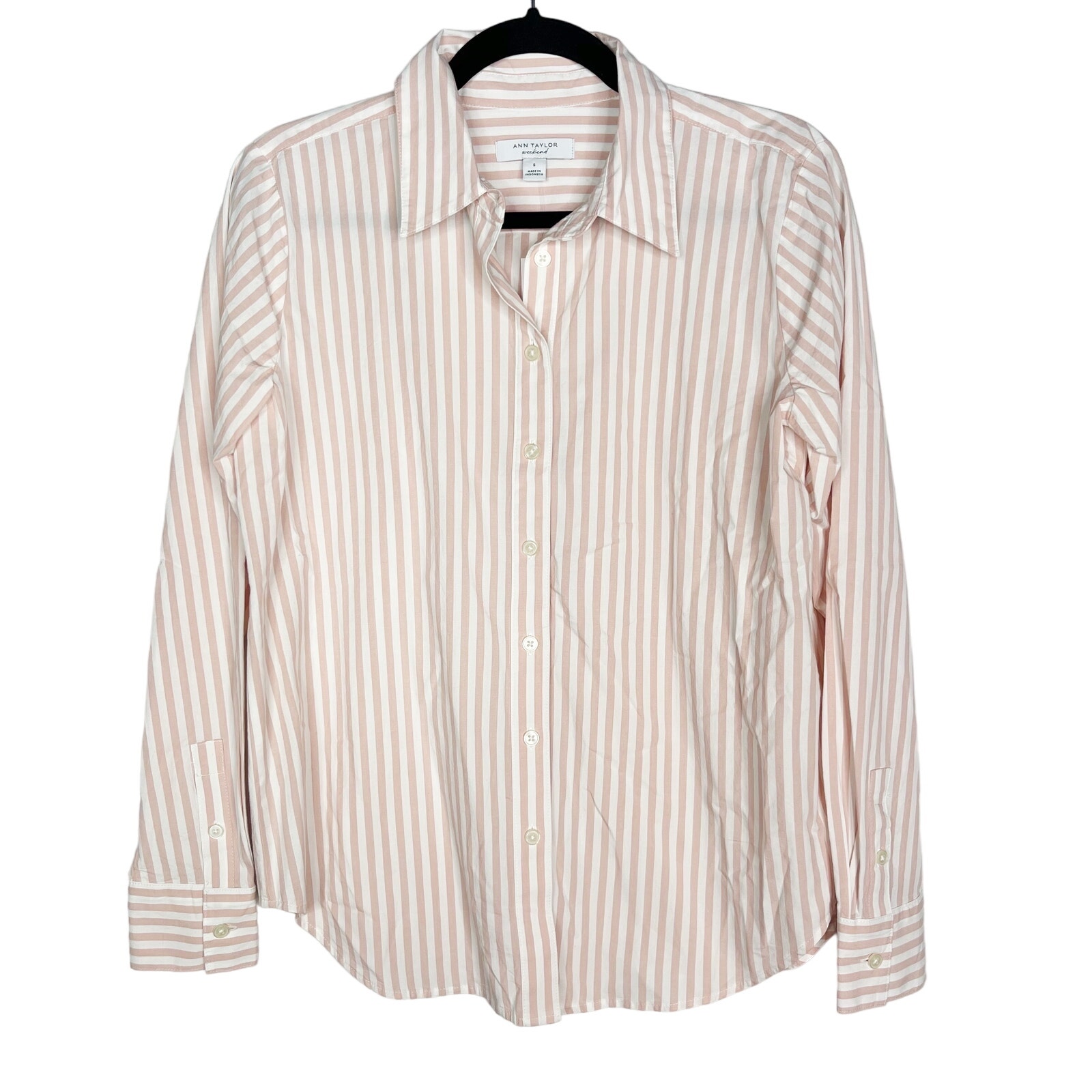 New Ann Taylor Small Pink Cream Weekend Stripe Relaxed Perfect Shirt Long Sleeve