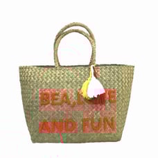 Tote Bag with Pompom Trim Made of Seagrass Raw Material