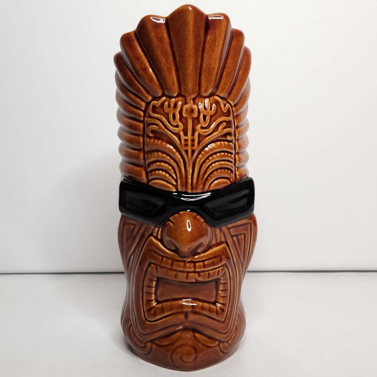 Tikinator Brown Glaze Tiki Mug With Glasses 8.5 Rick Rietveld