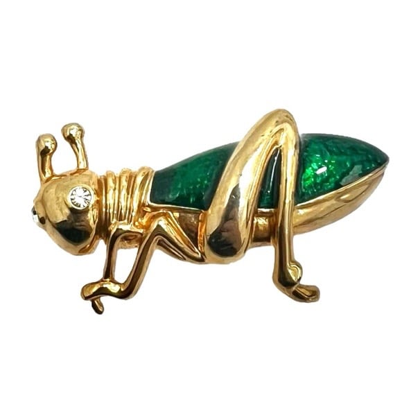 LANDAU GOLD TONE & GREEN GRASSHOPPER BROOCH