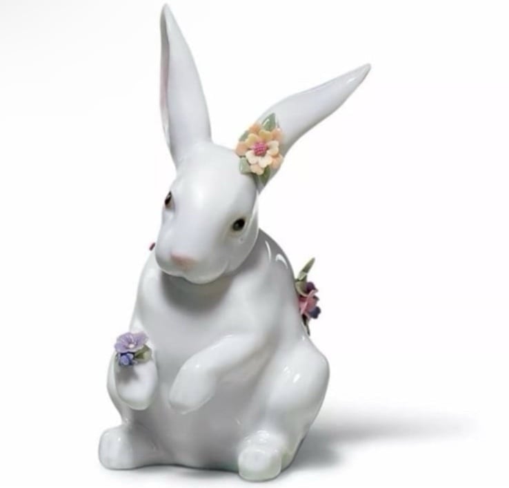 LLADRÓ Sitting Bunny with Flowers Figurine. Porcelain Rabbit Figure