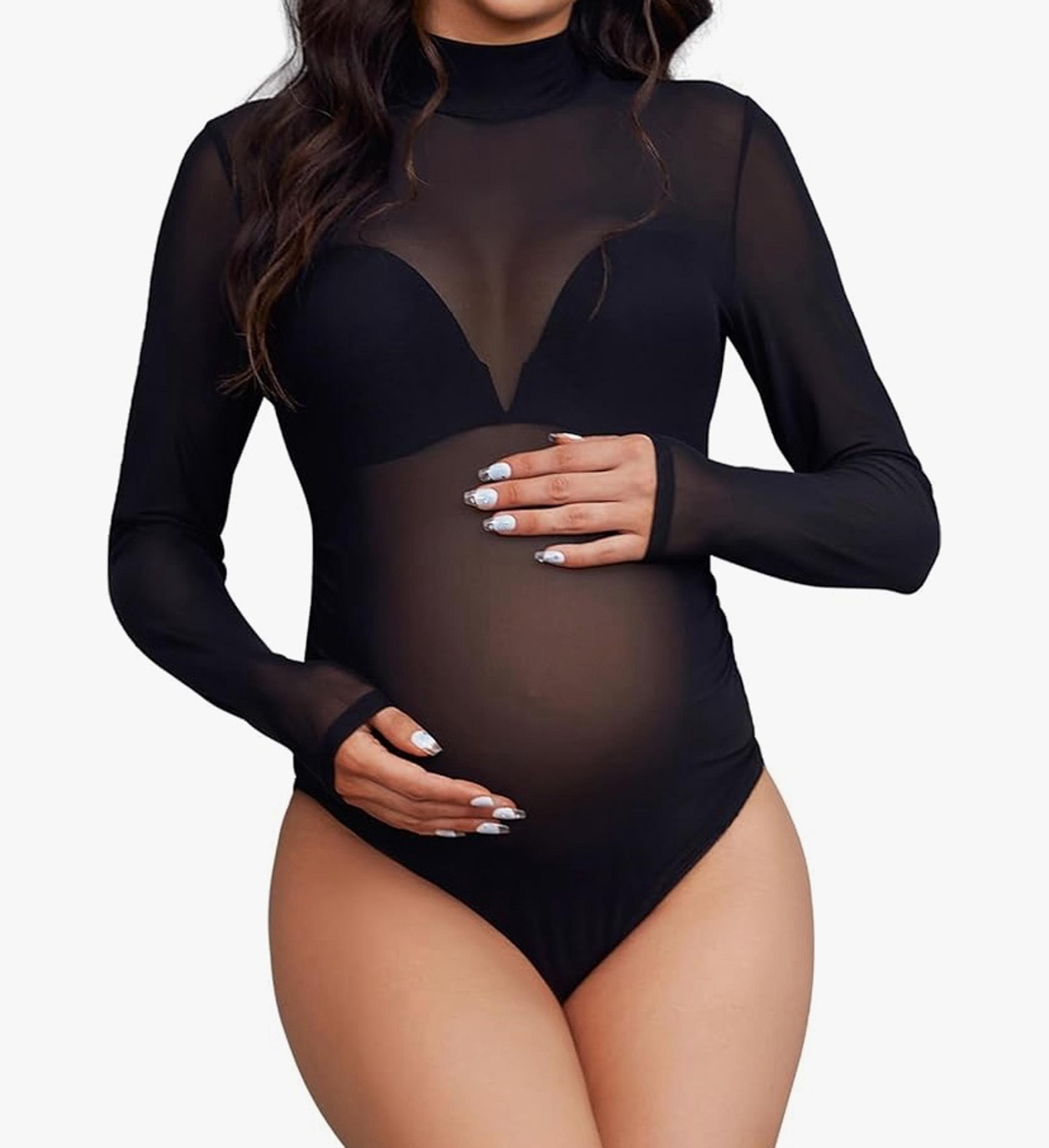 Bhome Mock Neck Maternity Bodysuit for Photoshoot Sheer Mesh Maternity Photograp