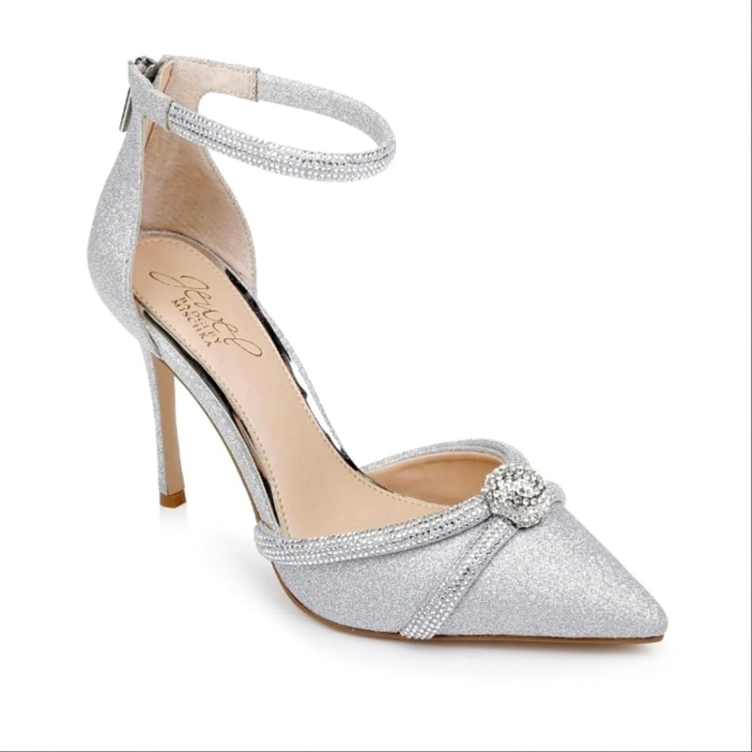 New Badgley & Mischka Jewel Geena Rhinestone Silver Glitter Stiletto Heels sz 7